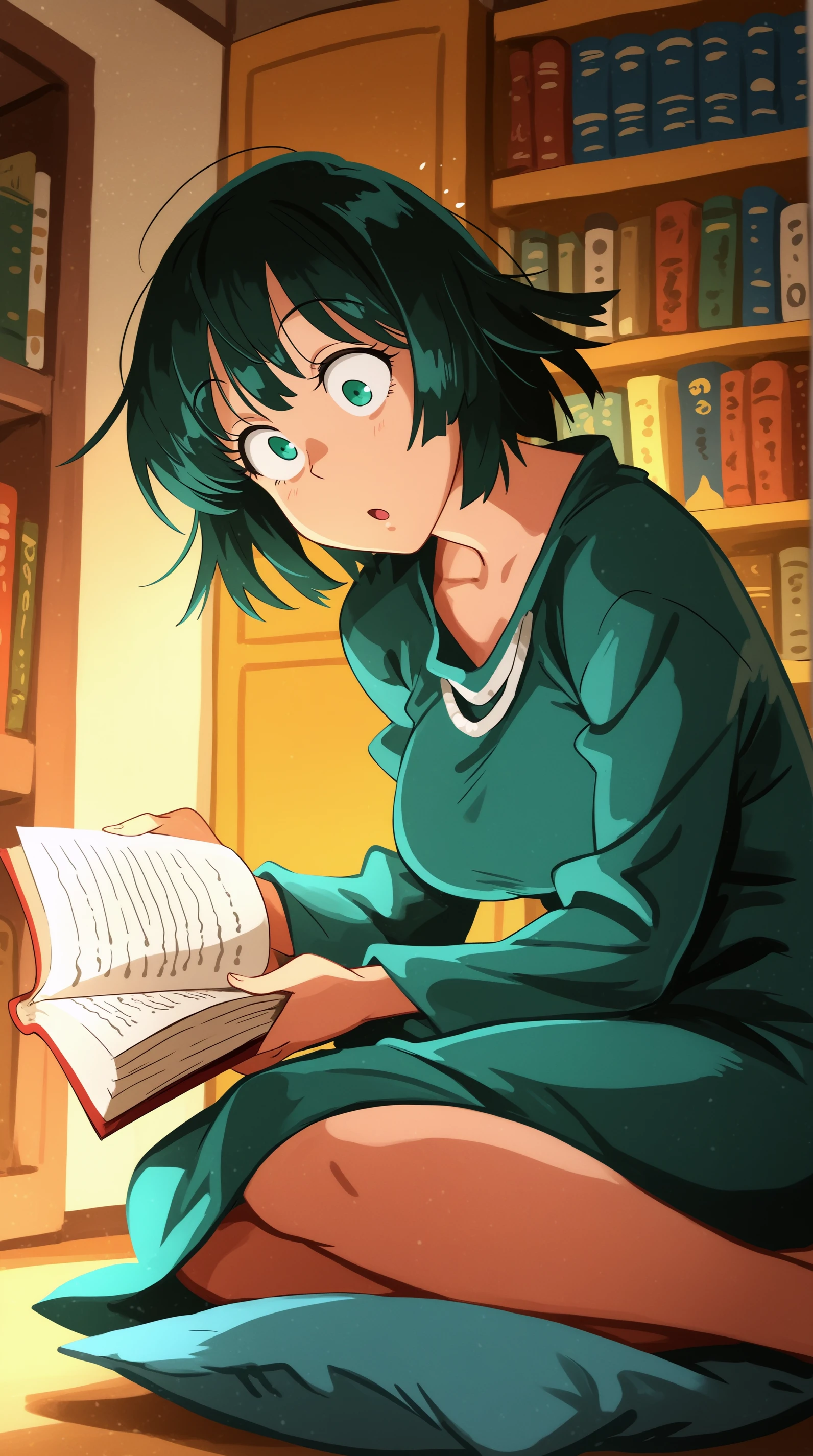 masterpiece, best quality, indoors, cinematic lighting, amazing quality, very aesthetic, absurdres, best quality, 4k, upscale, khyle, Fubuki, Main Outfit, solo, sitting, book, yokozuwari, bookshelf, reading, holding, surprised, :o , hentai book, <lora:JN_Fubuki_Illus:0.8>