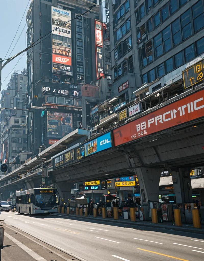 <lora:City_Worlds-1:1> citybkg, cyberpunk, day, ambiance, sunny, detailed, streets, traffic, futuristic, elevated highway, front view, billboards on buildings, high buildings, low buildings, people, bus station, street marking, stores, shop lights, illuminated, electric poles, signs, from side,