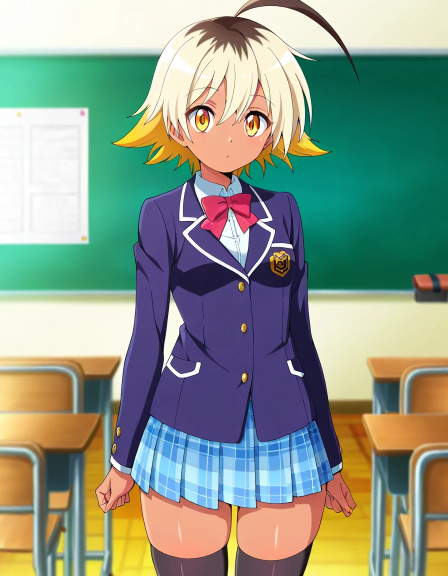 good quality, best quality, masterpiece, absurdres, anime screencap, anime coloring, uncensored, 1girl, solo, (cowboy shot:1.2), nyako, dark skin, dark-skinned female, yellow eyes, blonde hair, multicolored hair, short hair, ahoge, small breasts, school uniform, jacket, long sleeves, pleated skirt, bowtie, bow, thighhighs, underwear, looking at viewer, classroom, cute face, shiny body, shiny skin, skindentation, clear skin, shiny hair, ultra detailed eyes, depth of field, sharp, intricate details, hyperdetailed <lora:Nyako_Hatsuiki_ill:1>