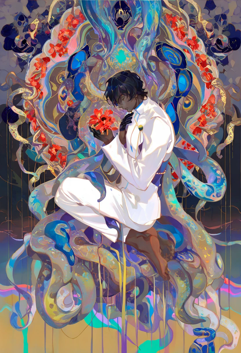 score_9, score_8_up, score_7_up, score_6_up <lora:reiXL_AutC_lokr_V43P1:0.95> 1boy, male focus, arjuna \(fate\), black hair, dark skin, gloves, dark-skinned male, solo, kneeling, flower, white pants, short hair, red flower, pants, holding, full body, closed eyes, long sleeves, barefoot, shirt, black gloves, white jacket, tentacles, abstract background, bishounen, abstract, jewelry, jacket, surreal