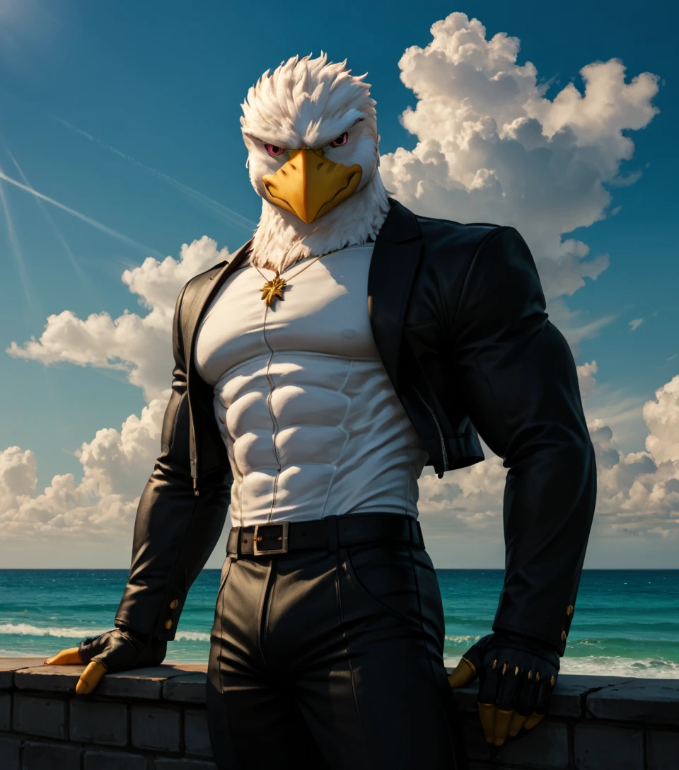 score_9, score_8_up, score_7_up,
8K, In'ei, chiaroscuro,
<lora:Adlerian_(Pony)_(AD):1> Adlerian, eagle, Adleria,
exterior, scenery, soft detailed anime background, soft detailed anime clouds, vibrant anime blue sky with detailed anime clouds, warm sunny sky,
impressive physique, peak physical condition, eagle beak, eagle feathered head, colored body, midriff peak, at the ocean front, Venice Beach, cowboy shot,
EZRealPONYXL, zPDXL, Smooth Quality,