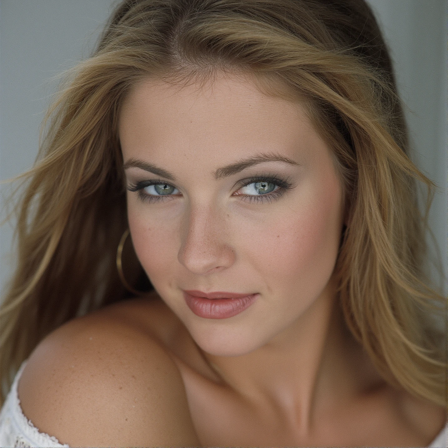 Breathtaking over the shoulder shot photography of ohwx looking at viewer, imperfections, necklace, looking at viewer, eyelashes, fine hair detail, entire hairstyle visible, perfect eyes with iris pattern, sensual lips, nose, (perfectly sharp:1.3), realistic textures, (deep focus:1.5), 8k uhd, dslr, ultra high quality image, film grain, Fujifilm XT3