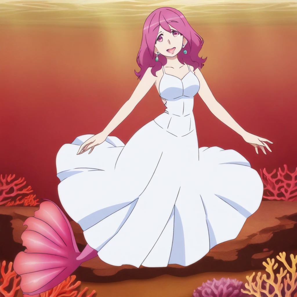 score_9, score_8_up, score_7_up, score_6_up, high resolution, gorgeous, absurdres, best quality, anime screencap, source_anime, official art, 1girl, ferma, pink hair, pink eyes, long hair, pink lipstick, pearl earrings, monster girl, mermaid, mermaid tail, magenta tail, large breasts, dress, white dress, backless dress, smile, laughing, underwater, coral reef, full body, solo