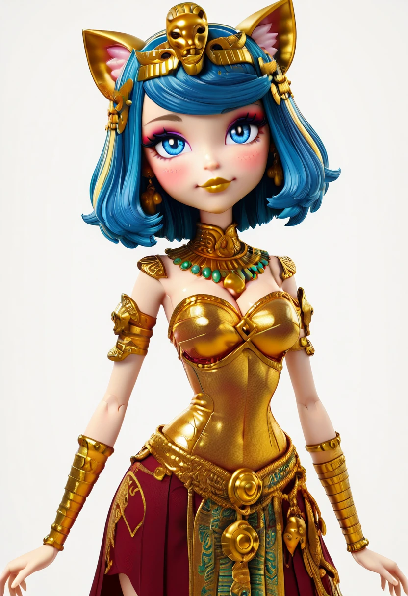 masterpiece, best quality, medium breasts, (curvy), BREAK, zzLana, yellow hairpiece, <lora:LanaPokemonIXL_e06:1.0>smile, looking at viewer, cowboy shot, blush, head tilt, dynamic pose, gold hair, multicolored hair, animal ears, cat ears, makeup, eyeliner, lipstick, earrings, necklace, bracelet, shoulderless dress, metallic details, <lora:Rd3degyptian_IXL:1.2>,