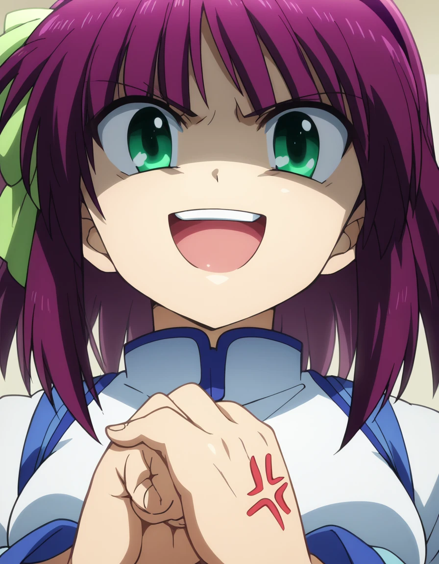score_9, score_8_up, score_7_up, source_anime, <lora:yuri-nakamura-s1-ponyxl-lora-nochekaiser:1>, yuri nakamura, short hair, green eyes, purple hair, hairband, medium breasts, anime screencap, <lora:cracking-knuckles-ponyxl-lora-nochekaiser:1>, cracking knuckles, shaded face, open mouth, looking at viewer, looking down, fist in hand, own hands together, anger vein, false smile, ,