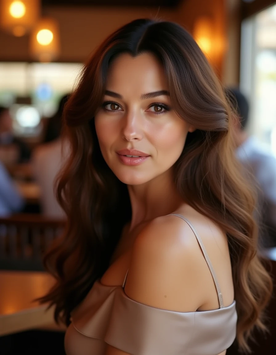 <lora:Monica_Bellucci_Flux:1> This a a beautiful photograph of a women standing in a cafe, subtle smile. looking at the viewer. She has long, wavy brown hair cascading over her shoulders and is wearing a wearing a silky, off-the-shoulder dress. Her makeup is natural with a focus on her eyes, which are accentuated with dark eyeliner and mascara.