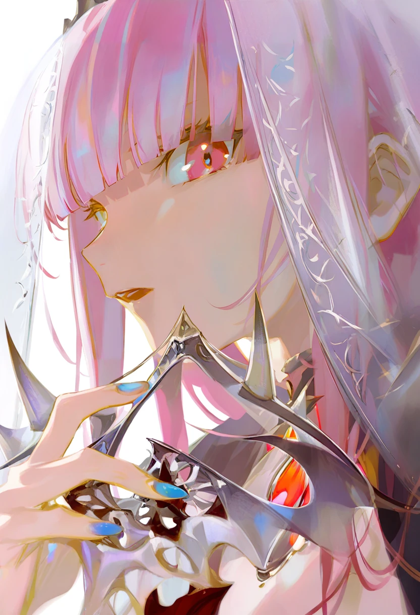 1girl, veil, virtual youtuber, mori calliope, solo, long hair, tiara, pink hair, looking at viewer, open mouth, nail polish, pink eyes, spikes, blunt bangs, red eyes, portrait, blue nails, upper body, holding, white background <lora:reiXL_NB11_lokr_V6311P:0.95>