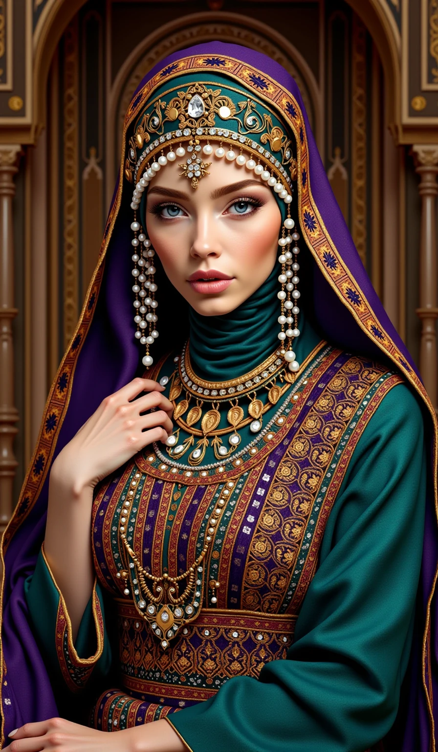 Portrait of a regal Arabic queen wearing luxurious traditional attire, ornate gold-threaded kaftan with intricate Islamic geometric patterns, layered with sheer silk abaya flowing like liquid metal, elaborate jeweled headpiece with cascading pearl details and diamond-studded crown, dramatic matching face jewelry with precious gems, rich jewel-toned fabric in royal purple and deep emerald with metallic gold accents, style fusion of Gustav Klimt's ornate patterns meets contemporary fashion photography, soft Rembrandt lighting with rim highlights catching metallic embroidery, photoreal skin textures, background featuring intricate arabesque architecture with ethereal bokeh, ultra-detailed fabric texturing showing every thread and crystal, 8k resolution with cinematic color grading, artstation masterpiece