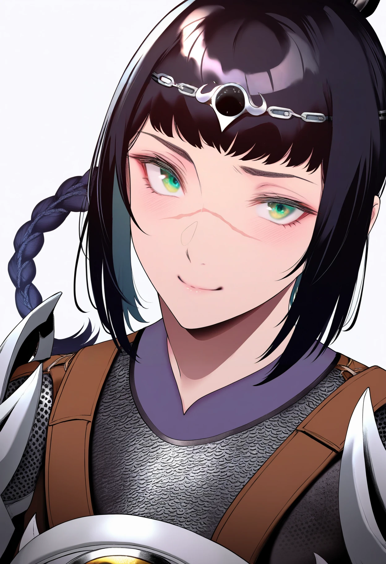 best quality, amazing quality, very aesthetic, absurdres,
BREAK
1girl, solo, shadowheart, black hair, braided ponytail, green eyes, scar on face, circlet, armor,
smile, looking at viewer, upper body, simple background, white background, <lora:ShadowHeartIllustrious_byKonan:0.8>, <lora:GentsukiNoobLocon_byKonan:1>