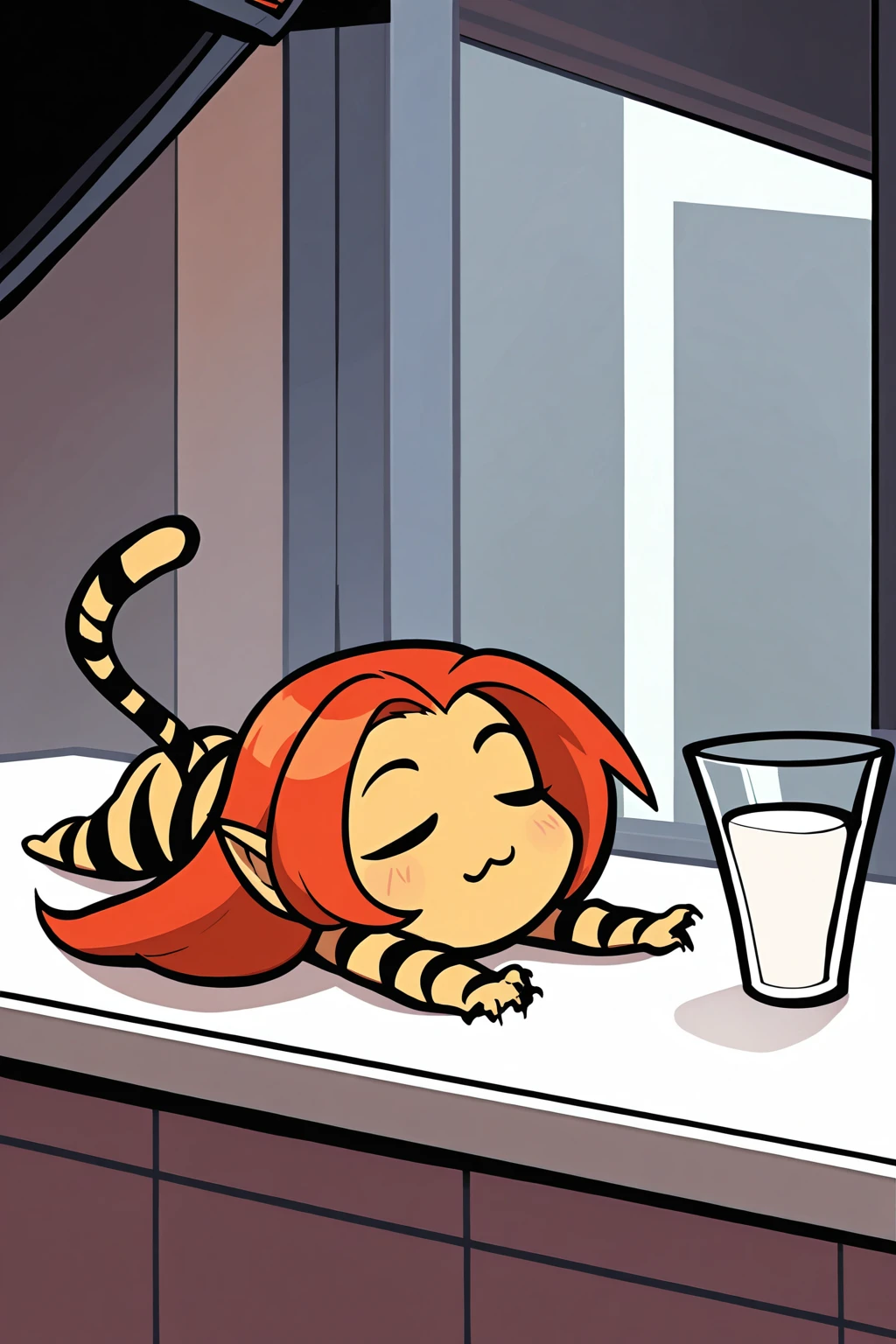 masterpiece, good quality, best quality, very awa, very as2, absurdres, highres,
<lora:TigrailluLoRA:1>tgra, long hair, red hair, tail, colored skin, tiger print, claws, barefoot, pointy ears, (chibi:1.2), glass of milk, lying, on back, outstretched arms solo, kitchen, :3, sleeping
