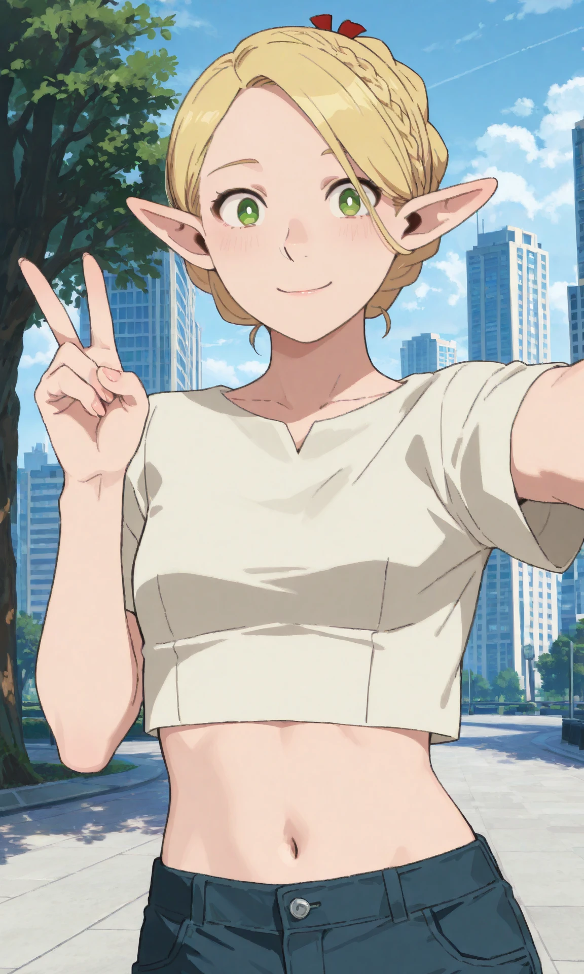 marcillemv, roundbraidhaircut, 1girl, solo, pointy ears, blonde hair, green eyes, city, skyscraper, tree, scenery, upper body, contemporary, streetwear, cropped top, shorts, navel, selfie, looking at viewer, v, outdoors, (mature female:1.2), (narrow waist:0.6), smile, small breasts, 
(masterpiece, best quality:1.2), absurdres, highres, 