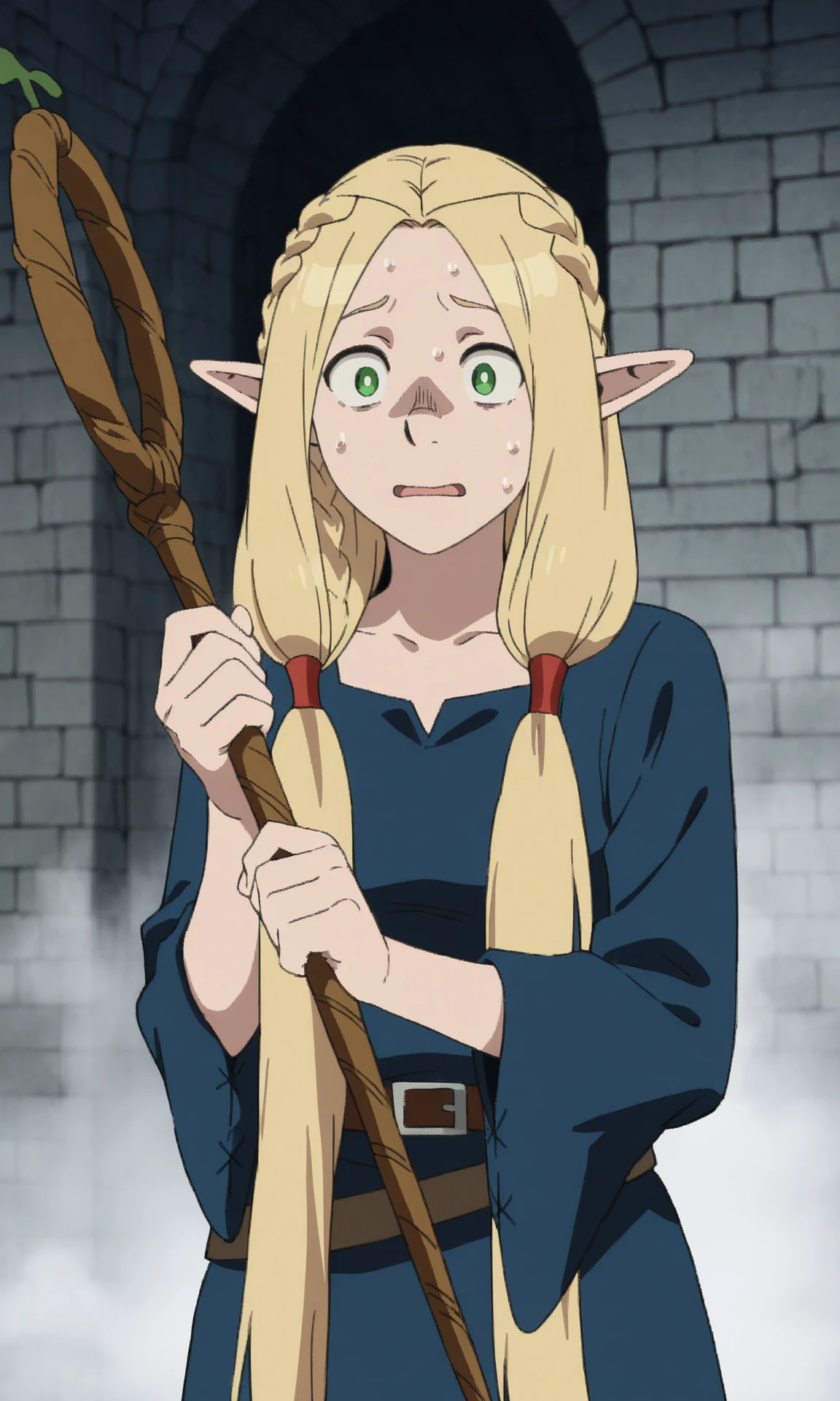 marcillemv, lowtwintailshaircut, 1girl, solo, pointy ears, blonde hair, green eyes, blue dress, brown belt, holding staff, dungeon, fog, nervous sweating, scared,
(masterpiece, best quality:1.2), absurdres, highres,