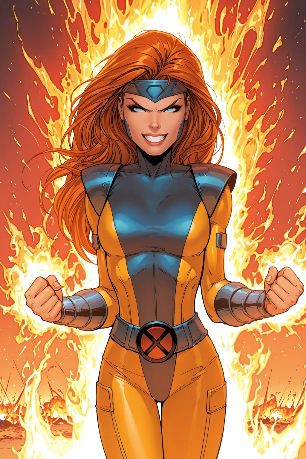 masterpiece, good quality, best quality, very awa, very as2, absurdres, highres,
<lora:Jean Grey Classic X-MenilluLoRA:1>jngryclsic, long hair, headband, turtleneck, bodysuit, pauldrons, vambraces, belt, smile, on a battlefield, explosions, magic, aura, fighting pose, fire, (solo), angry, teeth
<lora:Michael Turner Marc SylvestriStyleIlluLYCO:1> mtms