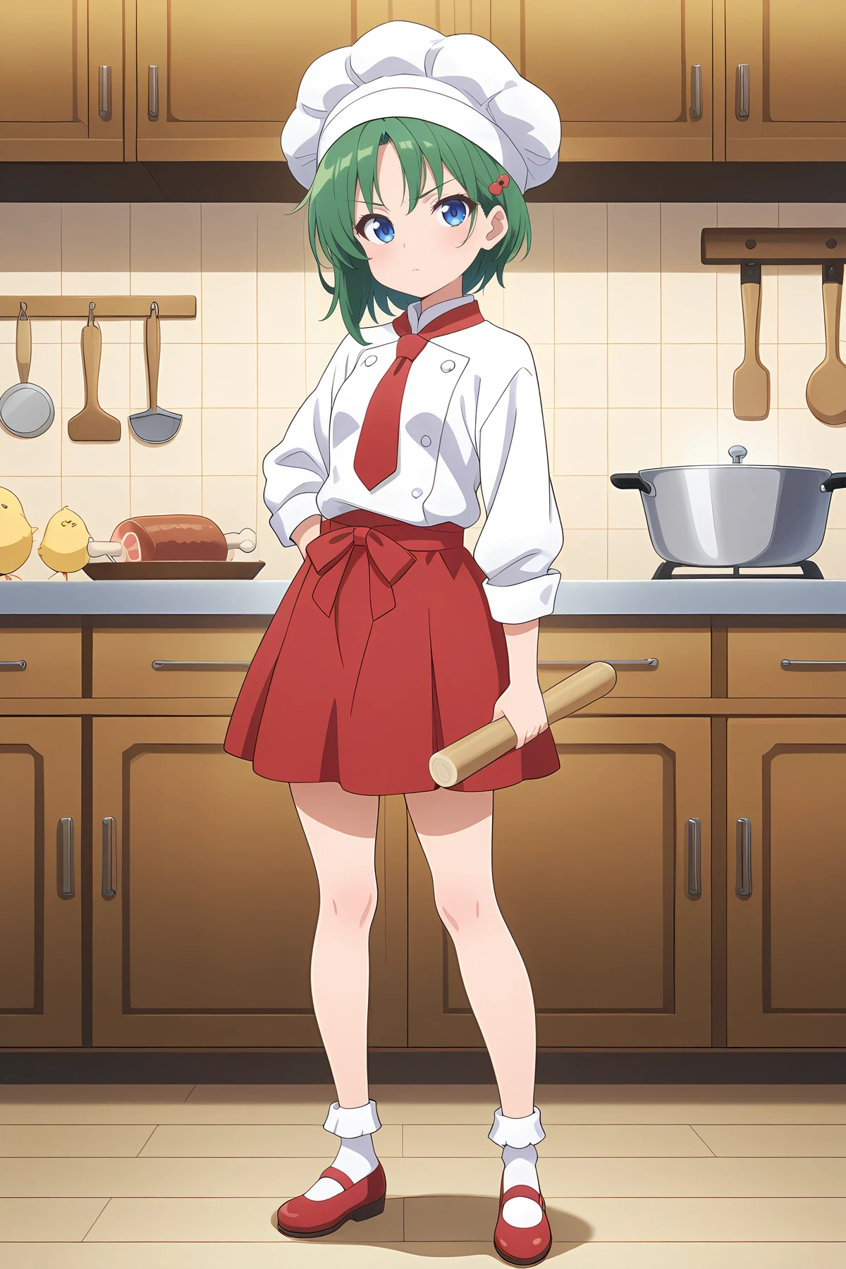 absurdres, highres, masterpiece, best quality, amazing quality, official anime artwork, screencap, anime screencap, looking at viewer, serious, kitchen,
<lora:Eiki-Shiki-Yamaxanadu_Illustrious:1> shiki eiki, 1girl, solo, green hair, blue eyes, short hair, small breasts,, alternate costume, alternate headwear, bobby socks, chef, chef hat, chick, hair ornament, hair scrunchie, hat, holding rolling pin, long sleeves, mary janes, meat tenderizer, patissier, red footwear, red skirt, scrunchie, shoes, skirt, socks, toque blanche, weighing scale, white hat, white socks, red necktie,