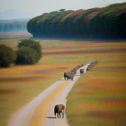 (no humans, low view, very wide shot, scenary, perspective, outdoors landscape, A sun-drenched savanna, a vast expanse of golden grasslands dotted with acacia trees, home to a diverse array of wildlife. A pride of lions, their tawny coats blending seamlessly with the dry earth, stalks a herd of wildebeest, their powerful legs carrying them across the plains. A family of elephants, their massive bodies swaying rhythmically, crosses a river, their young ones splashing playfully in the water. A kaleidoscope of birdlife fills the air, from the soaring vultures to the colorful bee-eaters. The savanna, a testament to the circle of life, is a breathtaking spectacle of nature's raw power.:1.5), stunning modern urban upscale environment, wallpaper, unparalleled masterpiece, finely detail, incredibly absurdres, perfect artwork, highres, intricate, UHD, HDR, 32K, 16K, promotional poster, natural lighting, professional photograph (in style of Robert Adams:1.5), movie promotional poster, textured skin, vibrant details, abstract beauty, studio quality, UHD, trending on artstation, traditional media, professionally color graded, monochrome, greyscale, black and white photograph, professional greyscale photograph with Olympus OM-1, Nikon AF-S 70-200mm f/2.8E FL ED VR, Lomography Berlin Kino 35mm ISO 400) <lora:photo_aesthetic_slider:0.7> <lora:hyperdetailer_v080:0.3> <lora:BT_Pattern_Pastel_v1:0.2>