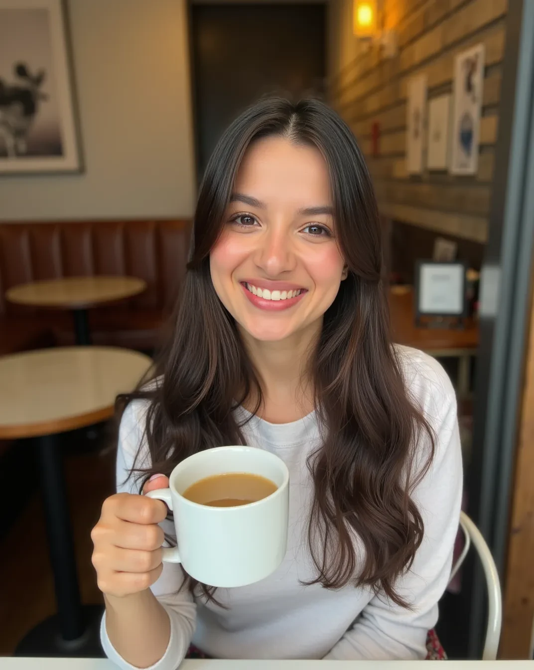 photography of a 20yo woman, perfect face, sitting at small circular table, outside in the sun, turning to look at camera, smiling, with some tea