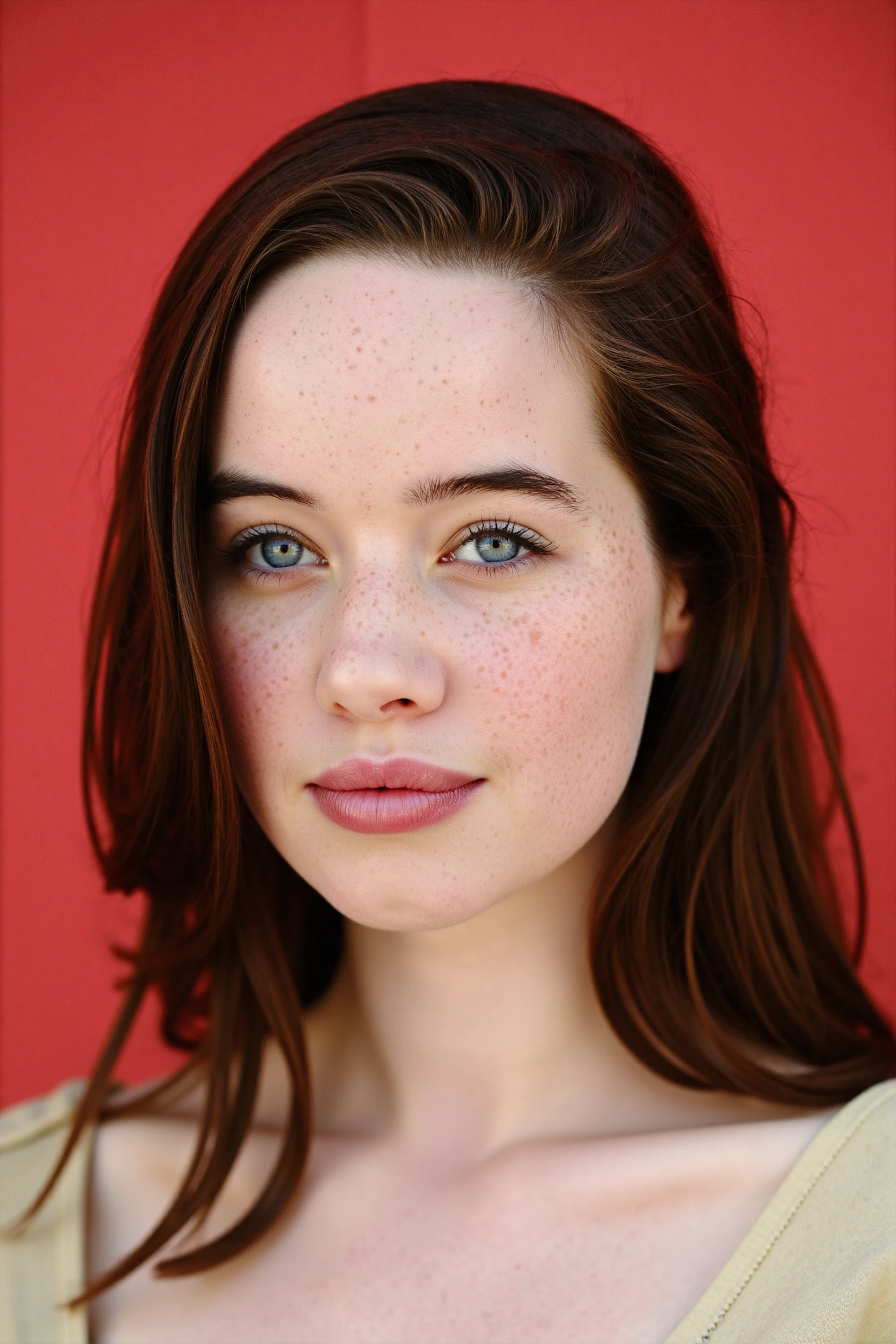 AnnaPopplewell, portrait, high quality, HD photoshoot,
natural, brown hair, blue eyes, slight smile,
simple pale red background, highly detailed, detailed skin, soft natural light