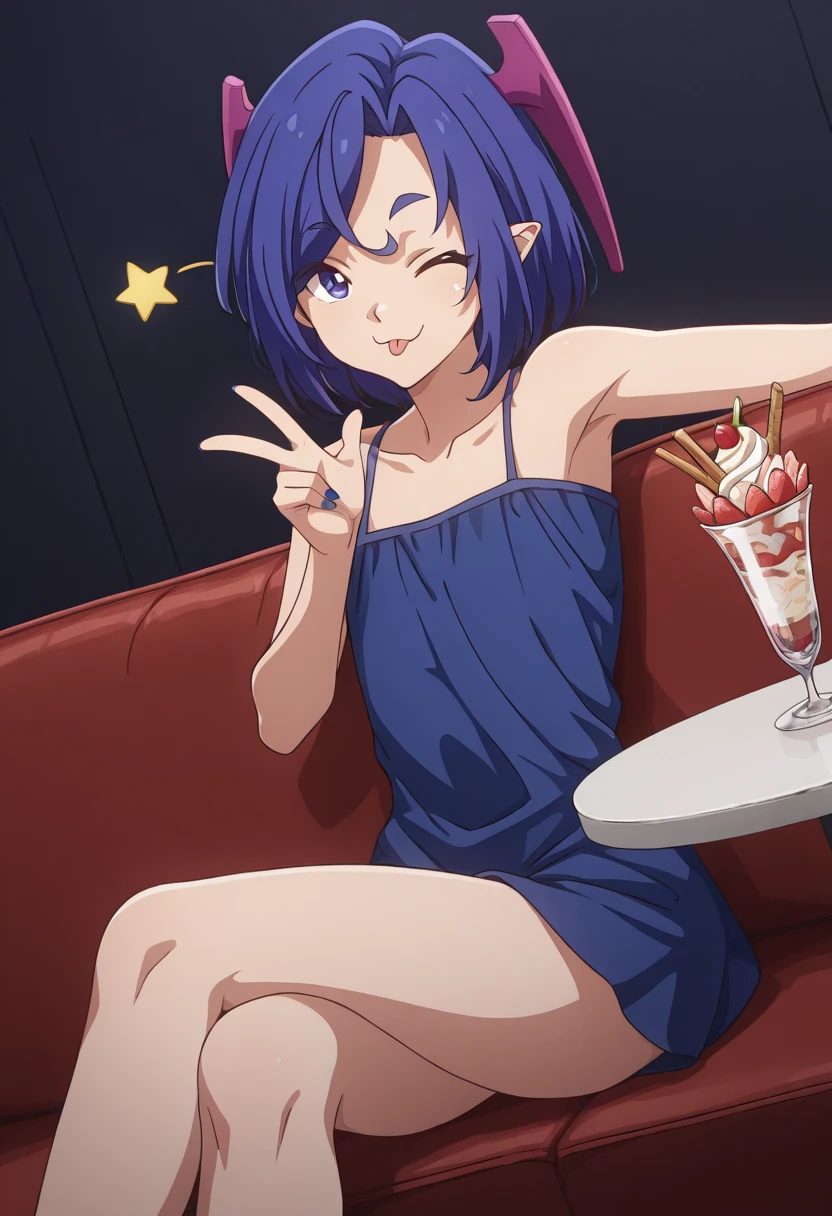 1boy, bcranga, solo, dutch angle, sitting, on couch, red couch, legs crossed, table, parfait, \:3, (winking, star \(symbol\),:1.2) one eye closed, tongue out, w, looking at viewer, collarbone, shoulders, blue dress, short dress, blue nail polish, dark background, absurdres, masterpiece
<lora:Ranga__Langa_The_Dungeon_of_Black_Company__Meikyuu_Black_Company-000010:1>