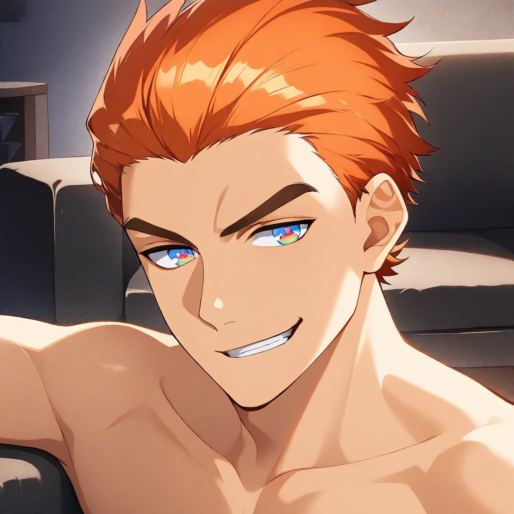 bara, solo, 1boy, ktmys, short hair, orange hair, two tone eyes, blue-and-pink eyes, toned male, hair slicked back, smirk, looking at viewer, sideways glance, three quarters view, portrait, face close-up, BREAK, indoors, studio, couch, leaning on object, BREAK, sfw, masterpiece, best quality, good quality, newest