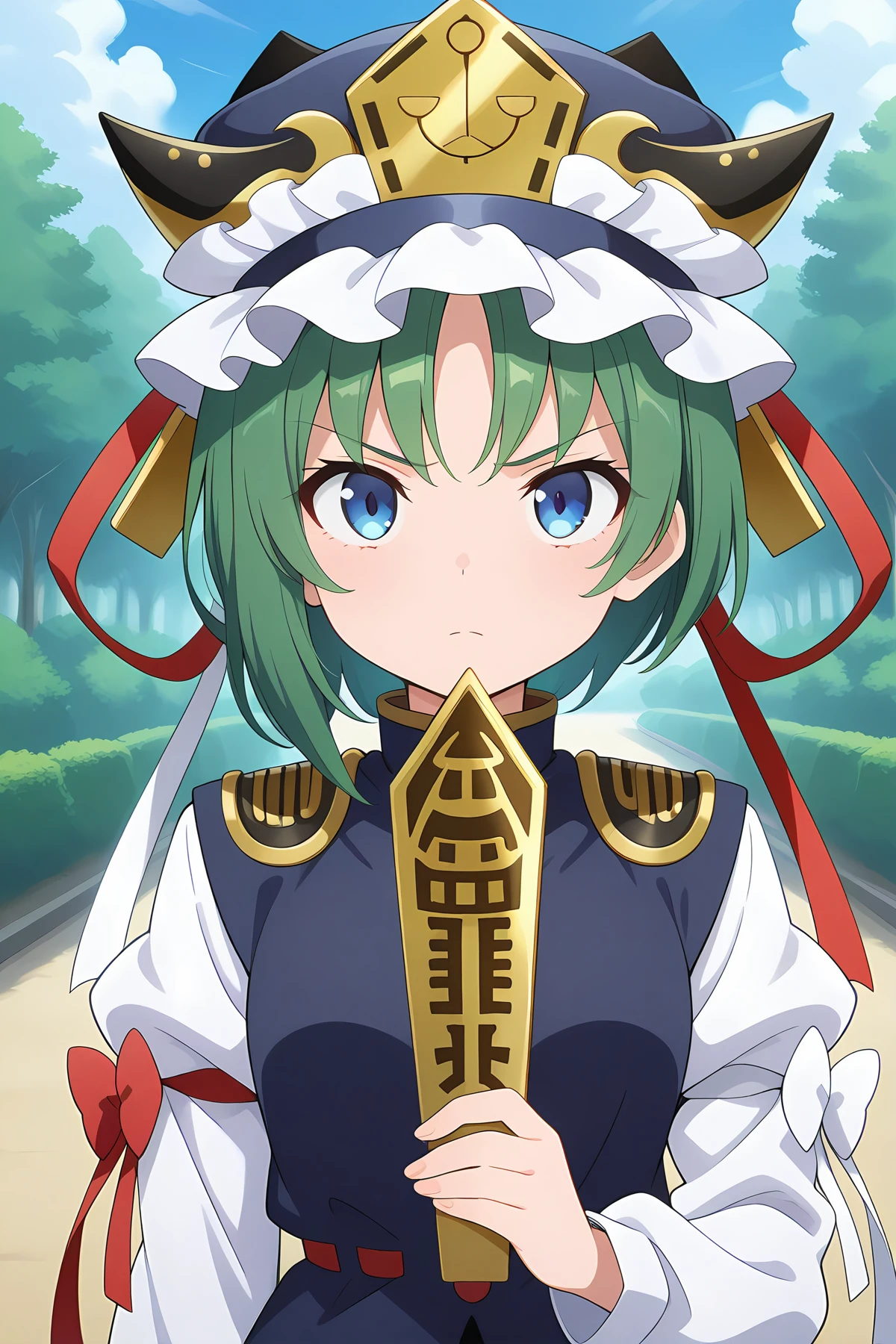 absurdres, highres, masterpiece, best quality, amazing quality, official anime artwork, screencap, anime screencap, outdoors, looking at viewer, serious,
<lora:Eiki-Shiki-Yamaxanadu_Illustrious:1> shiki eiki, 1girl, solo, green hair, blue eyes, short hair, small breasts,, hat, bow, ribbon, red bow, blue vest, white shirt, black shirt, long sleeves, ribbon-trimmed skirt, rod of remorse,