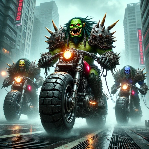 imposing robotic figure with a human-like face, digital artwork in a fantasy style, futuristic cityscape. The scene depicts a group of four muscular, yellow teeth and two prominent, specifically a Frostgorge Berserker from the video game "Warhammer: Age of Sigmar." The creature has a green, sporting dreadlocks and a menacing grin. The robot, heavy armor, heavily modified motorcycle. The warrior, covered in armor and mechanical enhancements. The rider has a grotesque, muscular details.