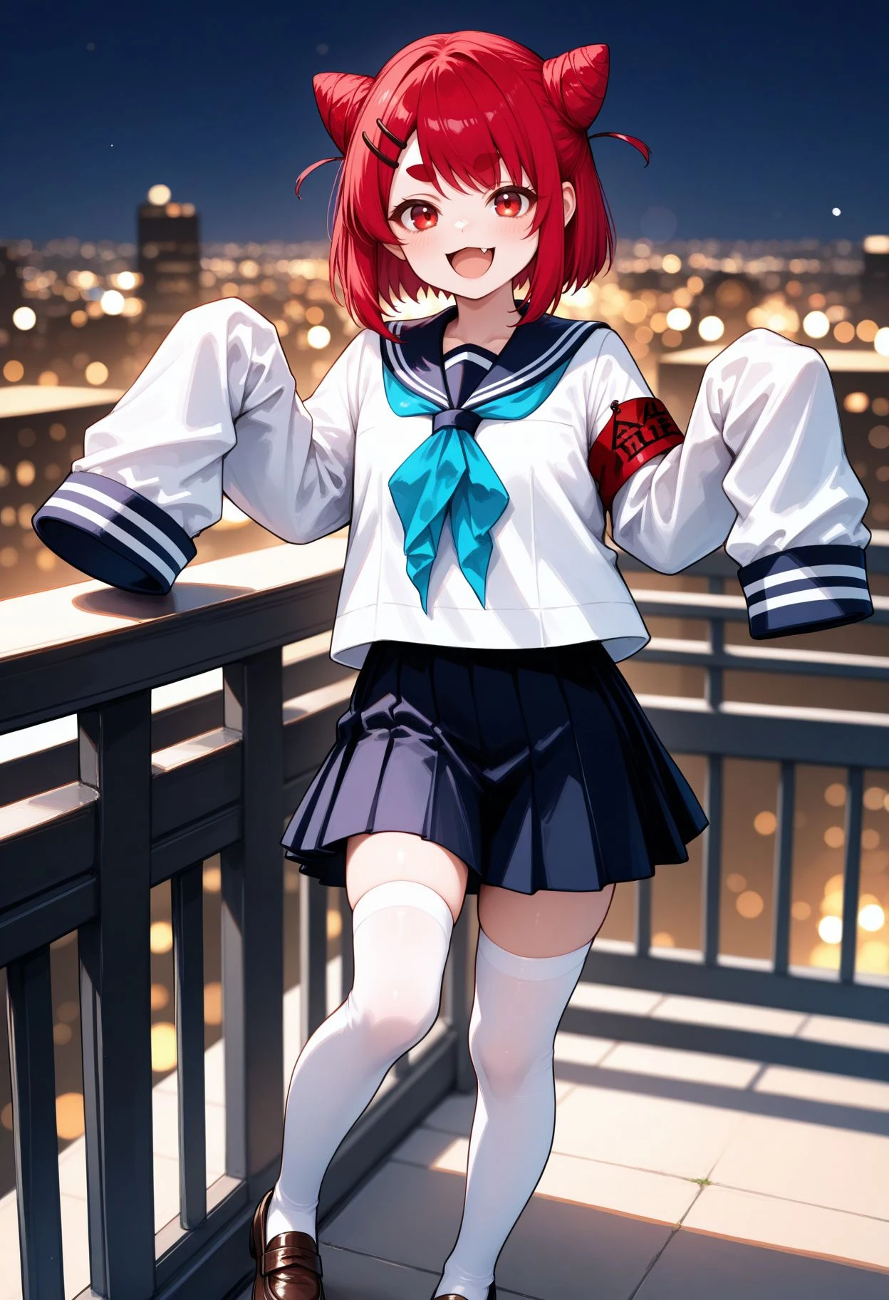 masterpiece, best quality, high resolution, absurdres,
,from front,against railing,depth of field,blurry background,cityscape,bokeh, big smile, open mouth,
face focus, looking at viewer, <lora:nekoyamada neko illu:1> 1girl, sleeves past wrists, white thighhighs, sleeves past fingers, pleated skirt, white background, red eyes, red hair, hair ornament,, thick eyebrows, blue sailor collar, hairclip, blue neckerchief, cone hair bun, smile, school uniform, brown footwear, long sleeves, loafers, serafuku, :d, short eyebrows, looking at viewer, armband, standing, open mouth, white shirt, double bun, blue skirt, black skirt, fang, black sailor collar,