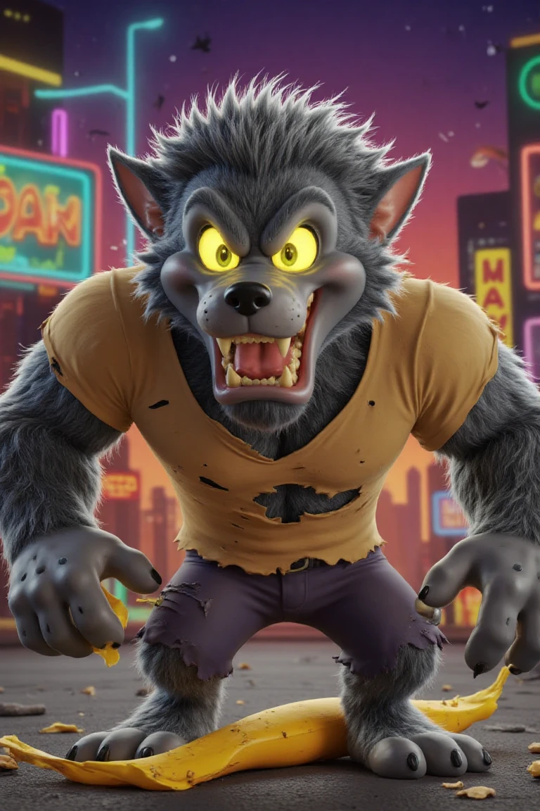 Looney Tunes-style character, a rogue werewolf named wolf McHowl. He has shaggy gray fur, glowing yellow eyes, and wears a torn shirt and tattered pants. His expression is mischievous and exaggerated, like a classic cartoon character. He is in the middle of a mischief, perhaps slipping on a banana peel or clumsily running away from someone. The background is a colorful, cartoonish scene, in the style of classic Looney Tunes animations.