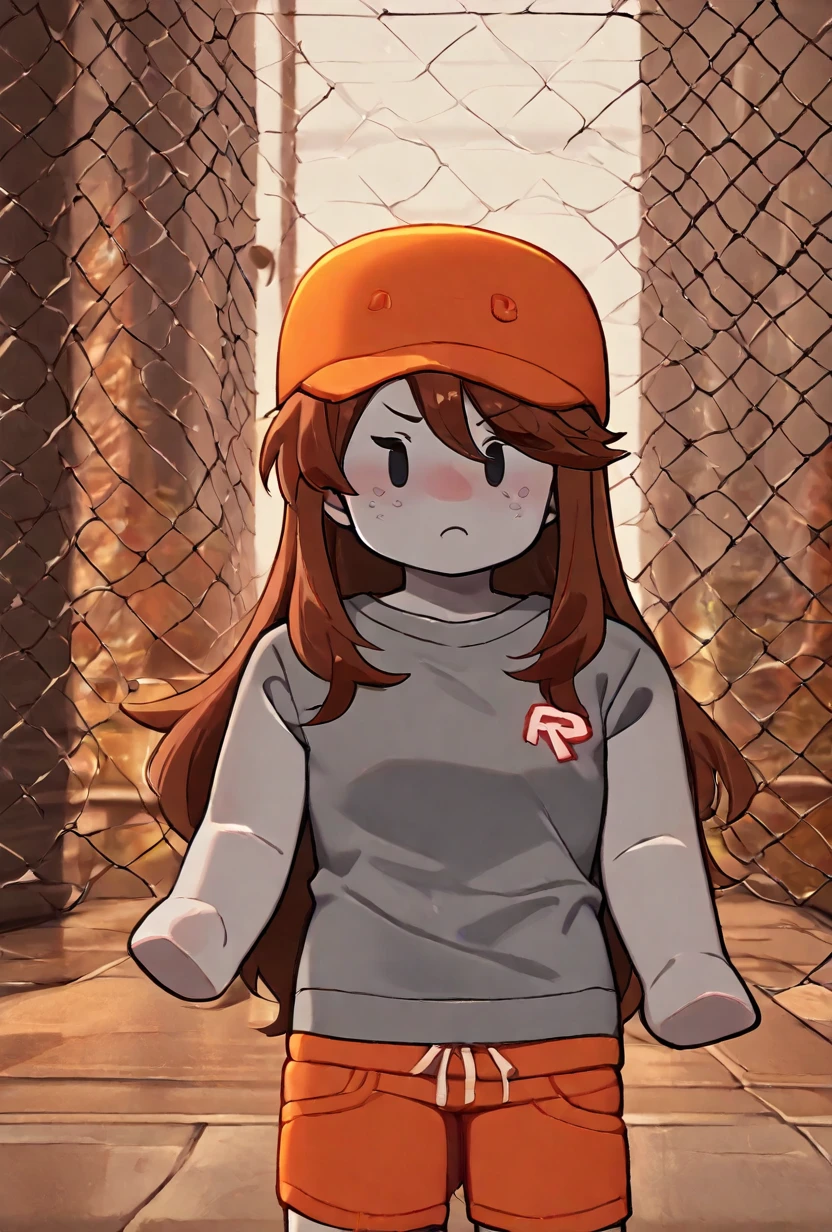 <lora:sk8r-10:1> sk8r, 1girl, long hair, brown hair, gray shirt, orange shorts, grey skin, orange hat, dot eyes, amazing details, detailed background, masterpiece, best quality, amazing quality, very aesthetic, absurdres, newest,