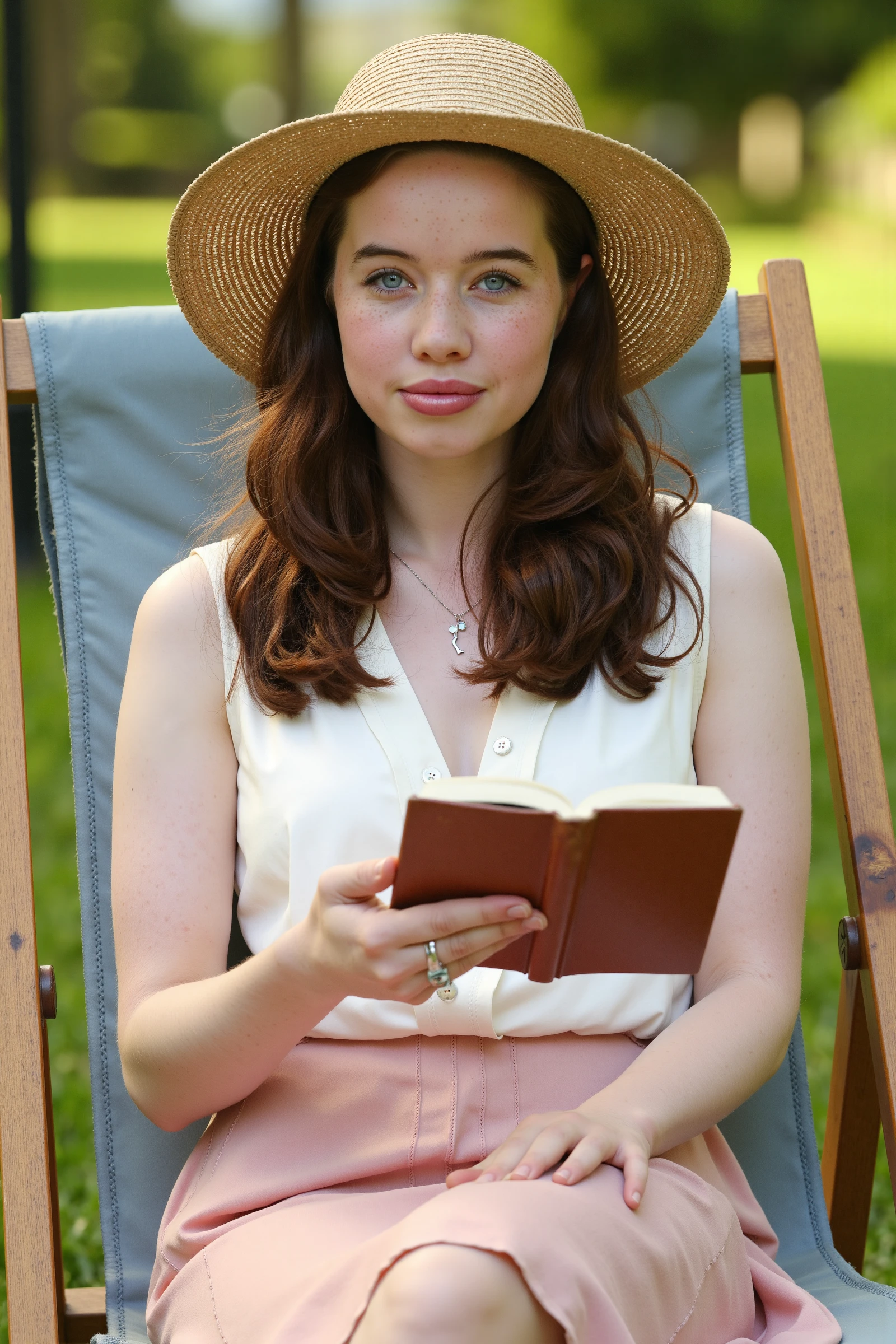AnnaPopplewell sitting on a deckchair, book in hand, straw hat on her head, slight smile,
high quality, highly detailed, soft natural light