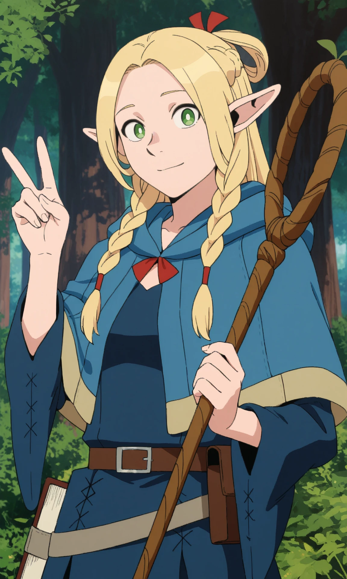 marcillemv, twinbraidshaircut, 1girl, solo, blonde hair, green eyes, pointy ears, blue capelet, hooded capelet, blue dress, furisode sleeves, belt pouch, book strap, furisode sleeves, staff, holding staff, hand up, v, light smile, looking at viewer, forest, outdoors, day, upper body, 
(masterpiece, best quality:1.2), absurdres, highres, 