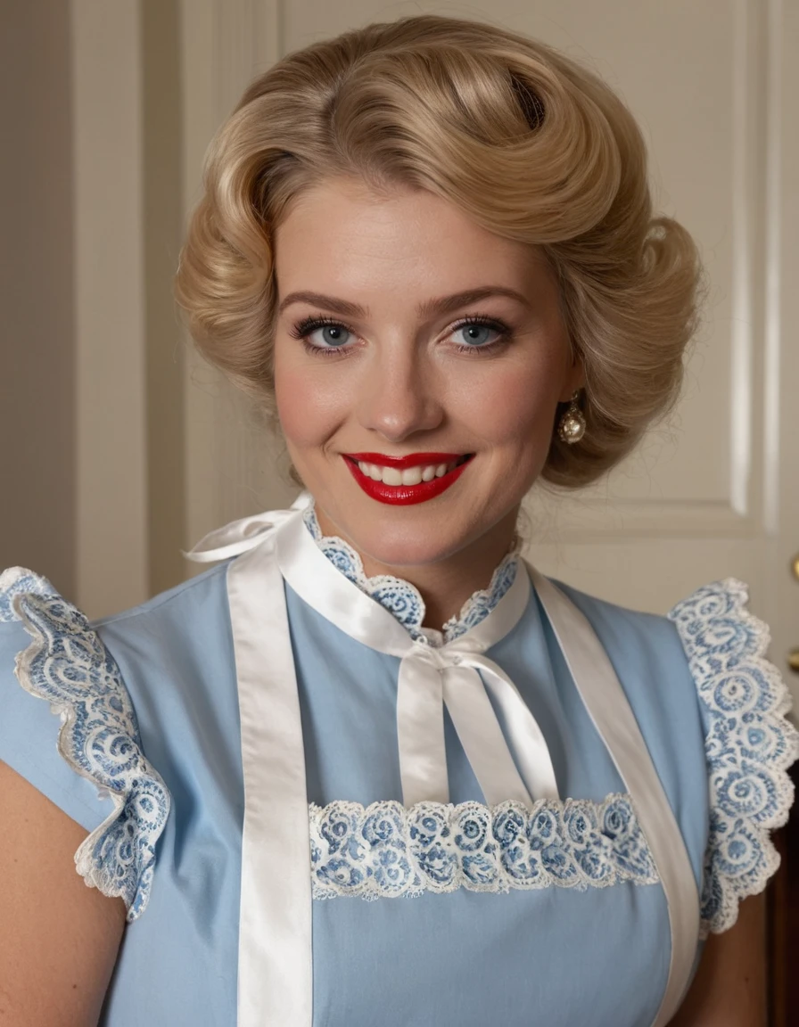 Volumetric Lighting, Ornate and Intricate, Photorealistic, 1960s housewife, perfect coiffed blonde hair, powder blue dress with white apron, red lipstick, eerily perfect smile, porcelain skin, uncanny valley, hyperrealistic, cinematic lighting, front-facing portrait, high detail facial features, subtle mechanical undertones, award-winning portrait photography, decorative, highly detailed, elaborate, ornate, intricate