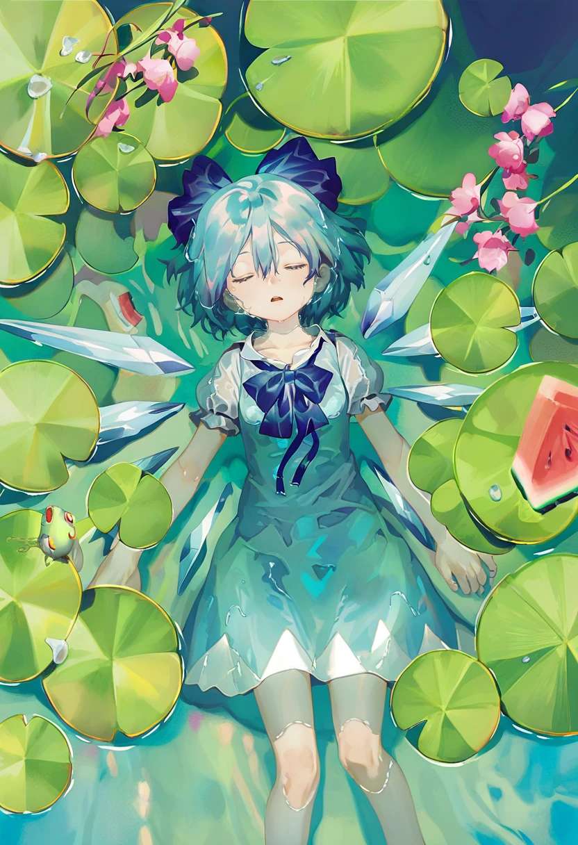 1girl, cirno, solo, blue hair, closed eyes, short hair, blue bow, wings, short sleeves, bow, watermelon, ice, flower, water, skirt, ice wings, fruit, food, shirt, hair bow, puffy sleeves, lying, partially submerged, puffy short sleeves, blue skirt, blue vest, on back, open mouth, lily pad, wet clothes, album cover, vest, feet out of frame, white shirt, bowtie, wet, frog, pink flower, blue dress, ribbon, skirt set, hair between eyes, dress, afloat, blue shirt <lora:reiXL_NB11_lokr_V6311P:0.95>