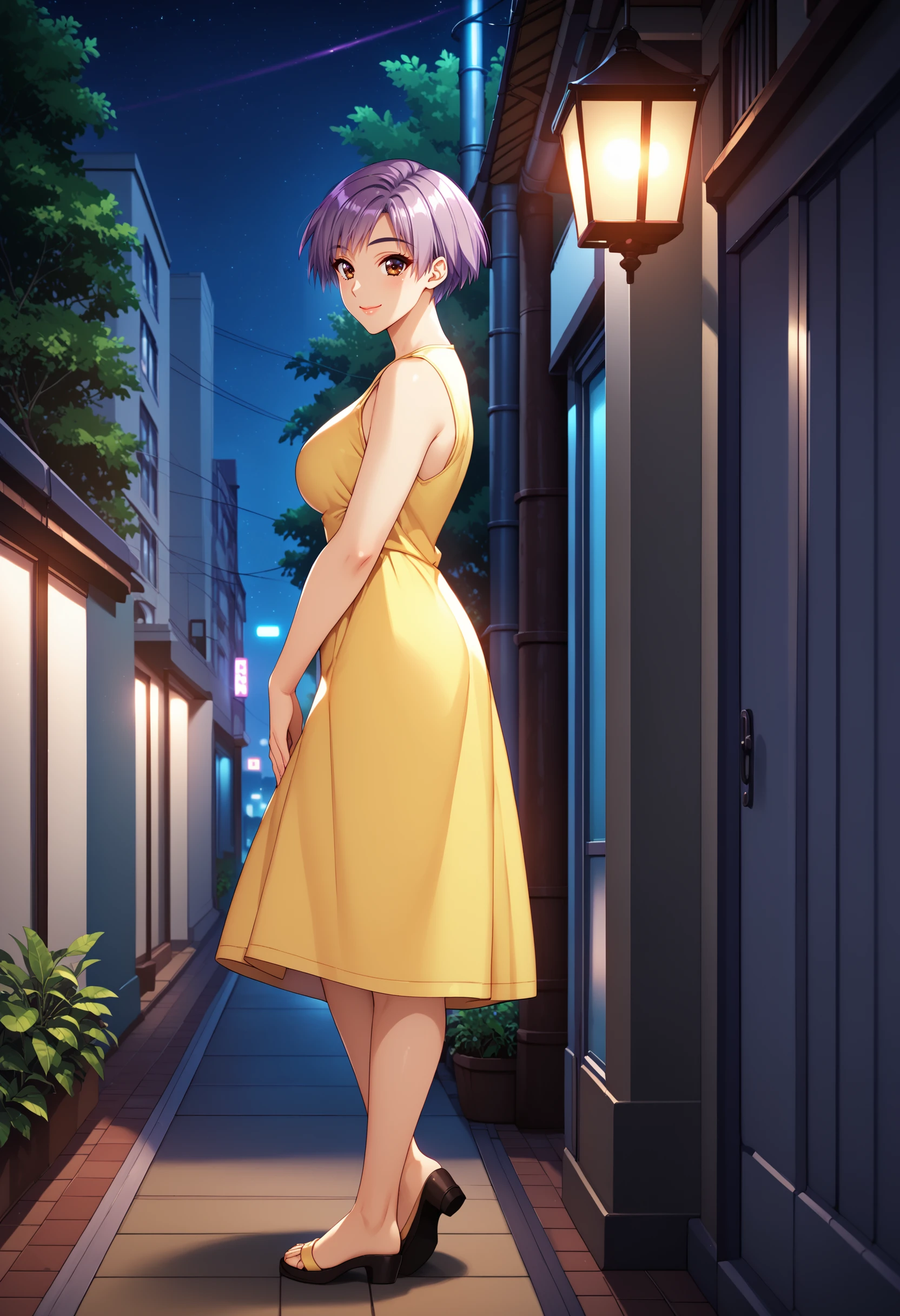 score_9, score_8_up, score_7_up, BREAK <lora:SatomiKo:1> ,saatomi, 1girl,brown eyes,purple hair,short hair,medium breasts,yellow dress,night,outdoors, cityscape, trees, greenery, standing, full body shot, looking at viewer, smile, side view, <lora:g0th1c2XLP:1>