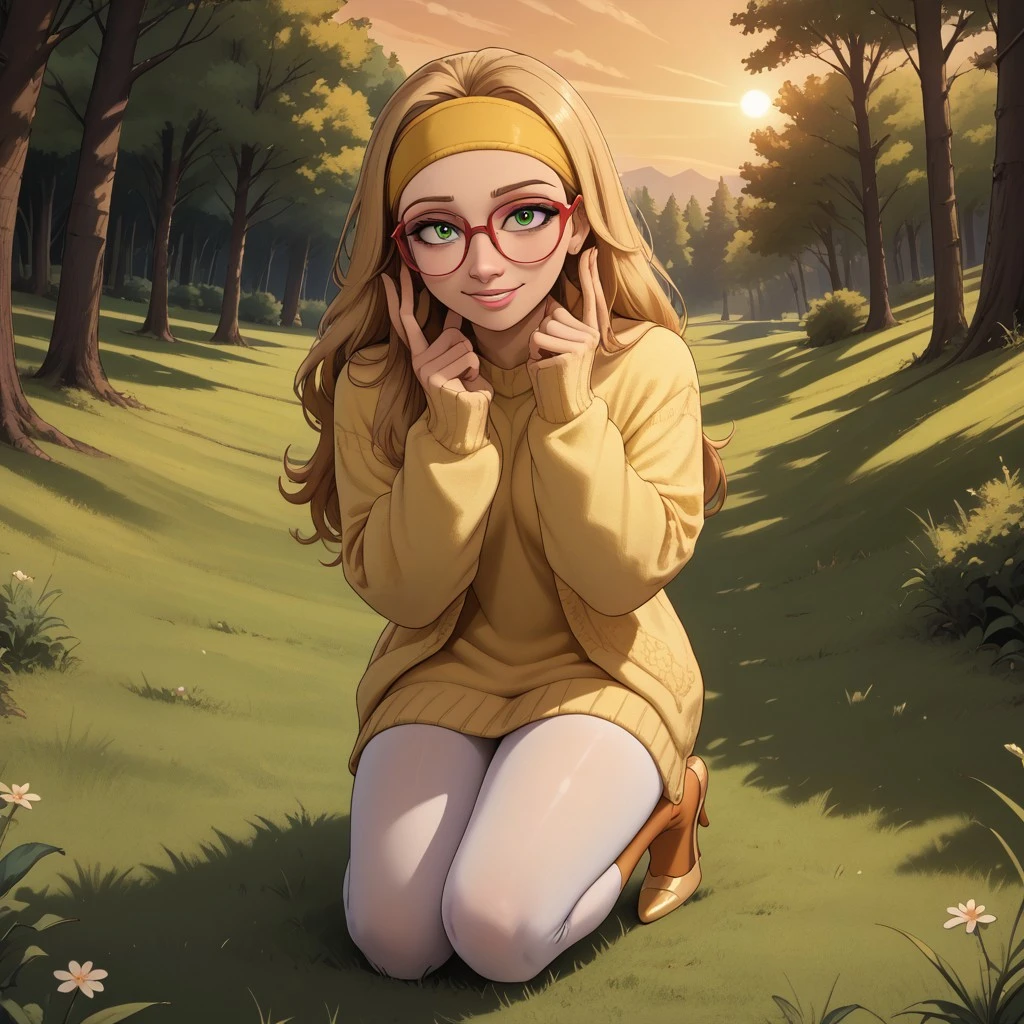 score_9, score_8, BREAK, solo, blonde hair, long hair, light green eyes, red glasses, yellow headband, pink lips, lipstick, yellow sweater, yellow shirt, grey leggings, orange socks, yellow high heels, breasts, Honey_Lemon_(Big_Hero_6), cute, sexy pose, self portrait, smile, outdoors, sunlight, shadows, evening lighting, natural lighting, forest, trees, grass, orange sky, sunset