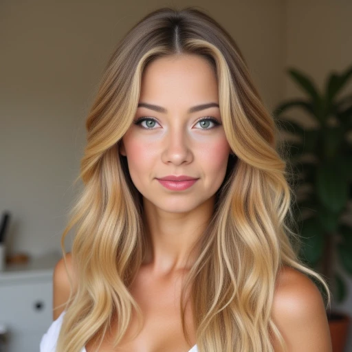 Blonde influencer with natural wavy long hair,who are interested in luxurious home decor and interior design and give stylish furnishing tips for high-quality apartments and houses, 8k, extremely detailed, Fotorealistisch, komplizierte Details, realistische Hauttextur, realistische Haare, Textur, Cheerful, 8k uhd, Best quality, high resolution, Detailgenauigkeit, big