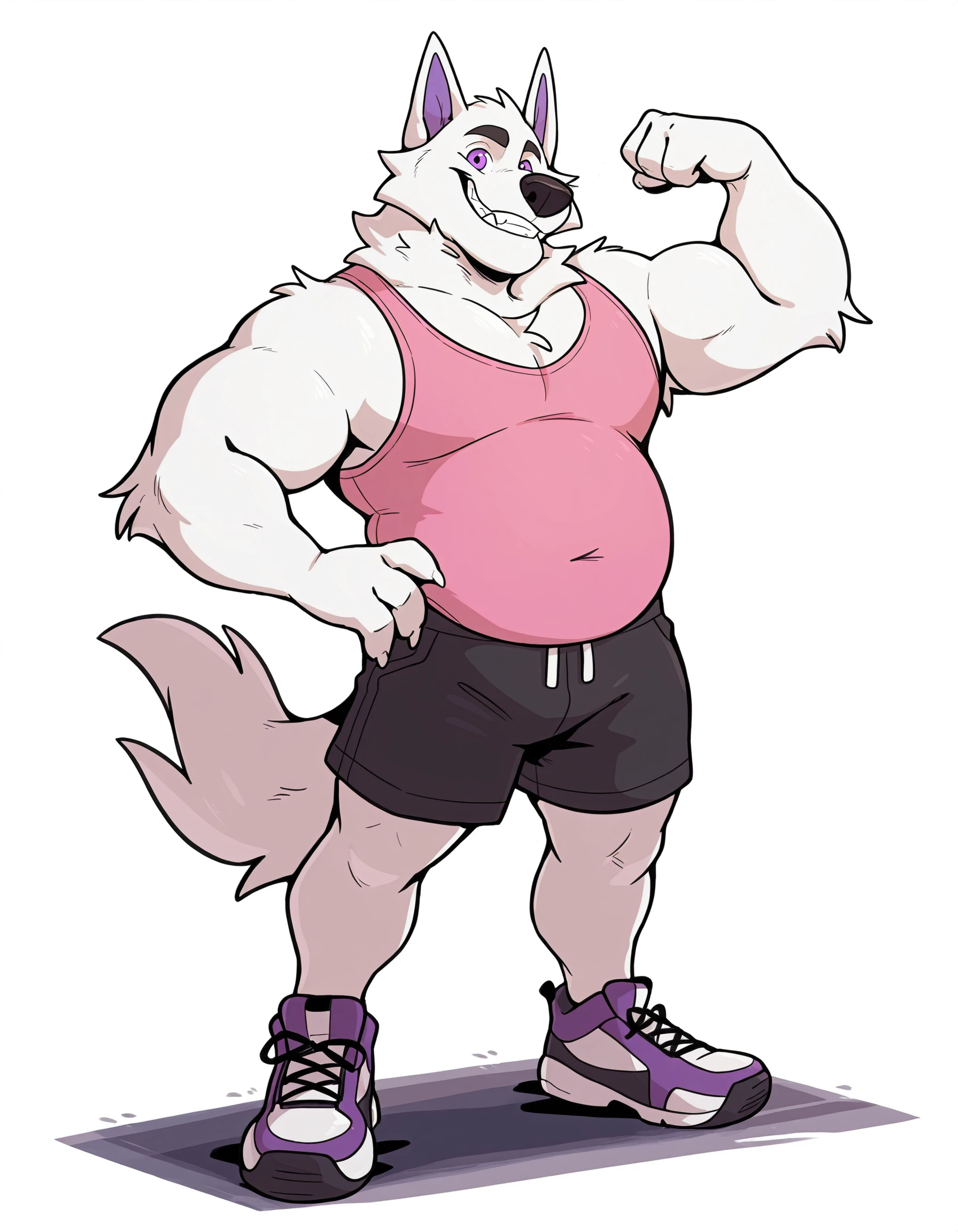 1boy, by haps. A drawing of a male anthro white wolf posing confidently for the viewer. He is wearing a pink tank-top and black shorts. He has one hand on his hip while he flexes his bicep with his other. Solo, antho, male, wolf, white body, white fur, purple eyes, purple inner ears, white ears, musclegut, grin, flexing, hand on hip, pink tank-top, black shorts, sneakers. BREAK good lighting. <lora:HapsStyle.safetensors:1.0>