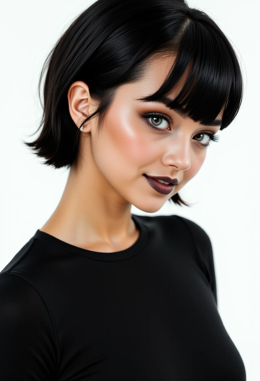 profile headshots,photoshoot poses, She is approximately 18 yearss old, dynamic angles, multiple angles,She is looking at the camera, photoshoot poses; A photo of Mavis_real, wearing a black shirt and black lipstick,short hair, is posing for the camera with a smile on her face. simple white background. Style: realistic hyper-detailed rendering, 32k UHD, expressive eyes, punk, graphic design, girl's face, pretty and cute, gleaming lips, telling a tale of adventure. Exuding confidence and serenity. The overall mood of the image is happy and relaxed,detailed skin texture,(blush:0.2),(goosebumps:0.3),subsurface scattering,with a playful and whimsical tone, perfect hands, detailed hand,aidmafluxpro1.1, retro50s_style, looking at the camera,looking at the camera,looking at the camera,looking at the camera,