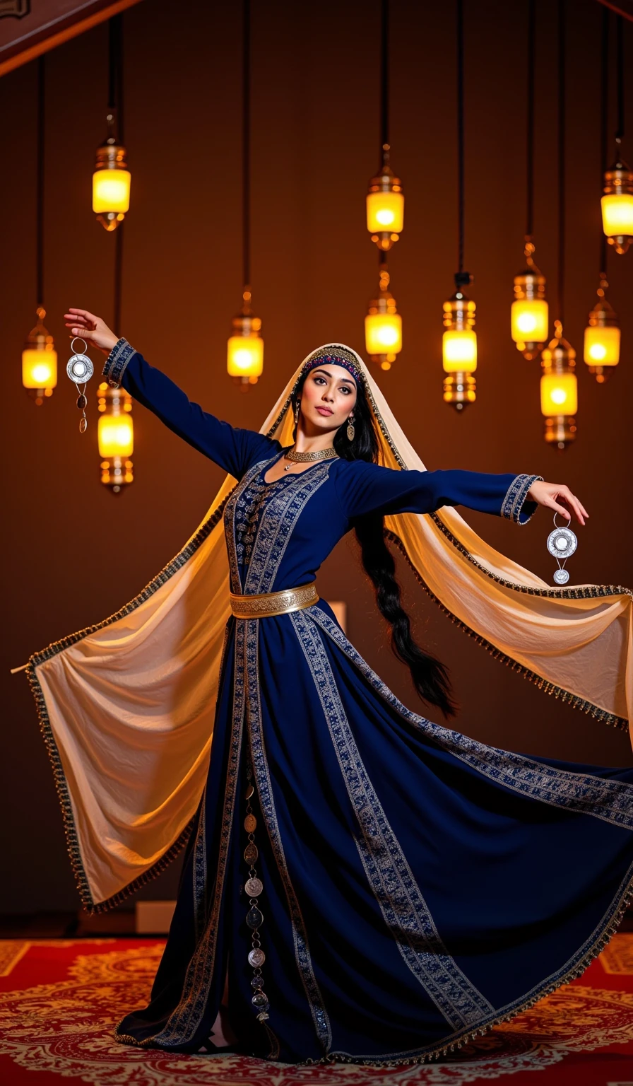 Beneath flickering lanterns, a mesmerizing dancer moves fluidly in Arabic traditional clothes, wearing a deep blue jalabiya, adorned with naqsh embroidery and silver rabati embellishments. Her badla ensemble, complete with a shimmering tarha veil and a cinched hizam belt, accentuates her graceful movements as silver bedlah coins jingle in rhythm. The warm, golden firelight and swirling silk textures create a breathtaking moment, reminiscent of Caravaggio’s dramatic lighting fused with the vibrancy of Orientalist paintings.