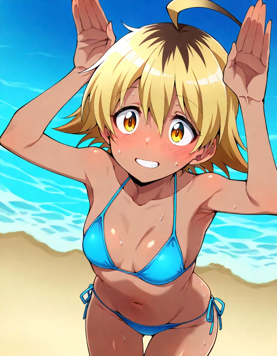 good quality, best quality, masterpiece, absurdres, anime screencap, anime coloring, uncensored, 1girl, solo, (cowboy shot:1.2), nyako, dark skin, dark-skinned female, yellow eyes, blonde hair, multicolored hair, short hair, ahoge, small breasts, swimsuit, bikini, side-tie bikini bottom, navel, groin, <lora:Nyako_Hatsuiki_ill:1>, (from above), rabbit pose, arms up, no_animal_ears, squatting, leaning forward, sweat, sweatdrop, sweat on body, nervous sweating, (light smile), clenched teeth, teeth, blush, outdoors, cute face, shiny body, shiny skin, skindentation, clear skin, shiny hair, ultra detailed eyes, depth of field, sharp, intricate details, hyperdetailed