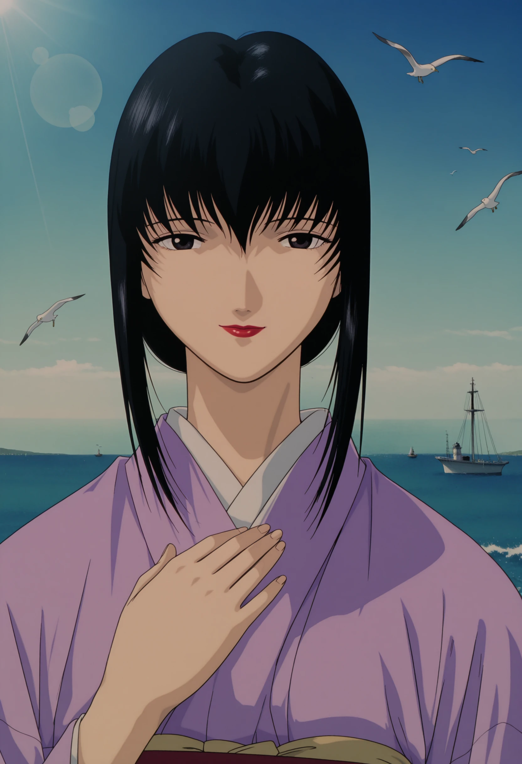 masterpiece, best quality, very aesthetic, absurdres,
yukishiro tomoe, 1990s \(style\), 1girl, solo, black eyes, long hair, black hair,japanese clothes, purple kimono,
day, hand up, hand on own chest, smile,red lips, looking at viewer, SEA,seagull, upper body, sunlight, lens flare,straight-on,