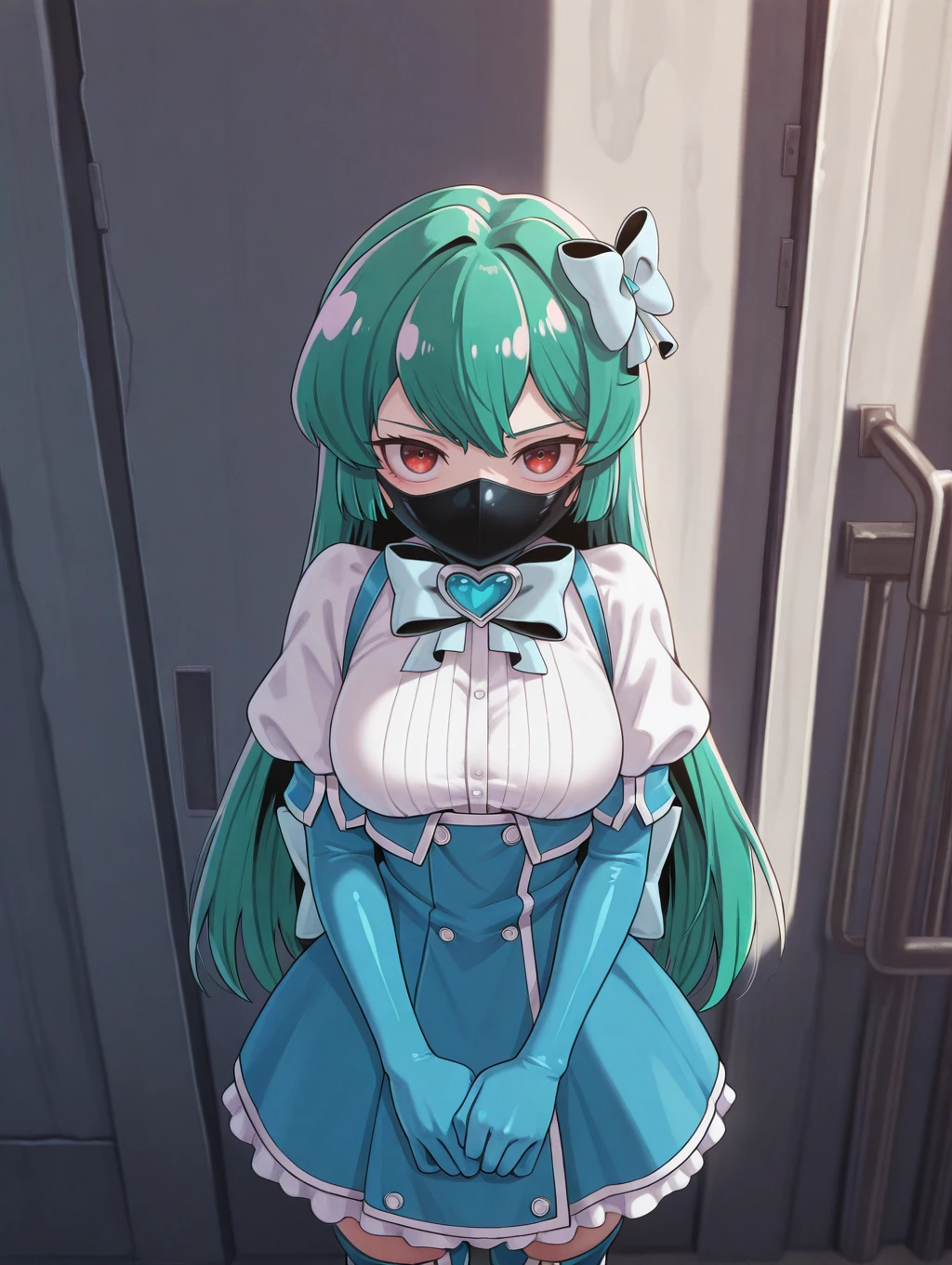 1girl, solo, very awa, masterpiece, best quality, amazing quality, very aesthetic, absurdres,
<lora:LatexMask-Lance-IL-V1:1> rubbermask, mask, mouth mask, black mask, standing, upper body, looking at viewer, <lora:MagiaAzureIllustriousXL_byKonan:1> magiaazure, green hair, long hair, red eyes, hair ornament, bow, dress, blue elbow gloves, thighhighs, magical girl,