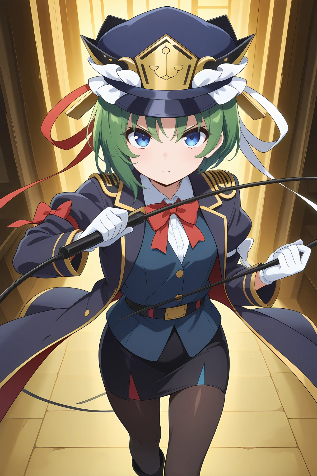 absurdres, highres, masterpiece, best quality, amazing quality, official anime artwork, screencap, anime screencap, looking at viewer, serious, dynamic pose,
<lora:Eiki-Shiki-Yamaxanadu_Illustrious:1> shiki eiki, 1girl, solo, green hair, blue eyes, short hair, small breasts,, shiki eiki \(underground waste ward depot master\), alternate costume, belt, black footwear, peaked cap, vinous vest, black pantyhouse, vinous coat, gloves, long sleeves, open clothes, open coat, v-shaped eyebrows, vest, white gloves, dark blue pencil skirt, whip stick, military uniform, boots, neck bow, military ribbon, vinous bow,