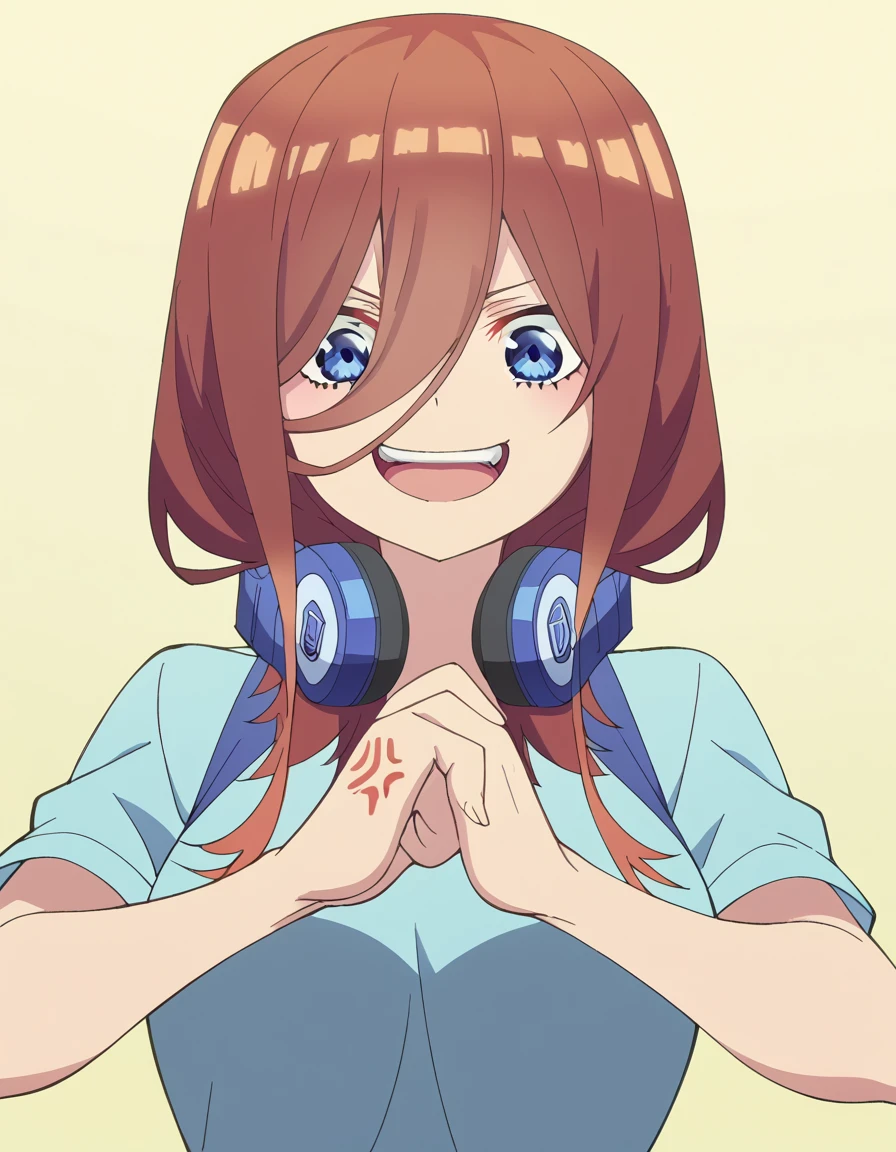 score_9, score_8_up, score_7_up, source_anime, <lora:miku-nakano-s2-ponyxl-lora-nochekaiser:1>, miku nakano, long hair, bangs, blue eyes, brown hair, hair between eyes, headphones, headphones around neck, large breasts, anime screencap, <lora:cracking-knuckles-ponyxl-lora-nochekaiser:1>, cracking knuckles, shaded face, open mouth, looking at viewer, looking down, fist in hand, own hands together, anger vein, false smile, ,
