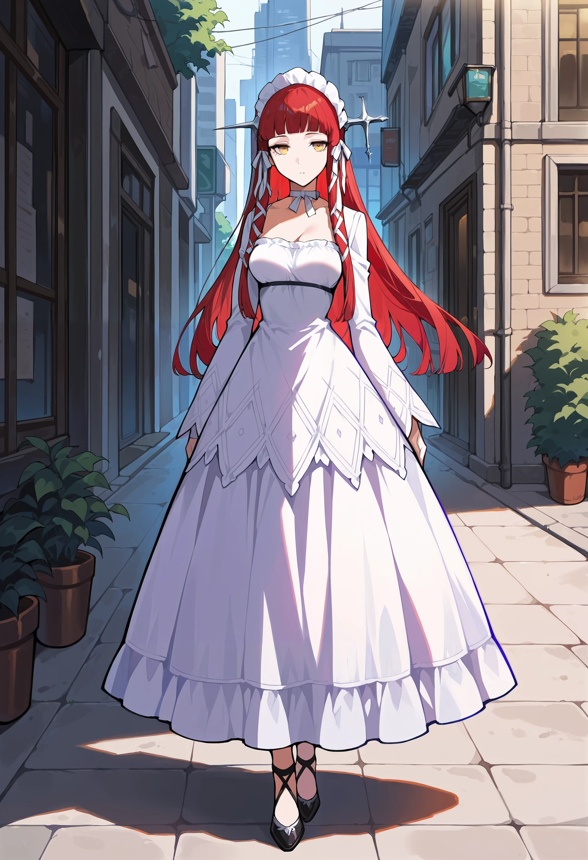 (masterwork, masterpiece, best quality, hyper-detailed :1.3),
1 girl, solo,
p3chidori, yellow eyes, red hair, long hair, blunt bangs, headdress, hair tubes, hair ribbon, choker, ribbon choker, dress, white dress, long sleeve dress, long sleeves, frills,
outside, city street, greenery, standing, looking at viewer, full body,