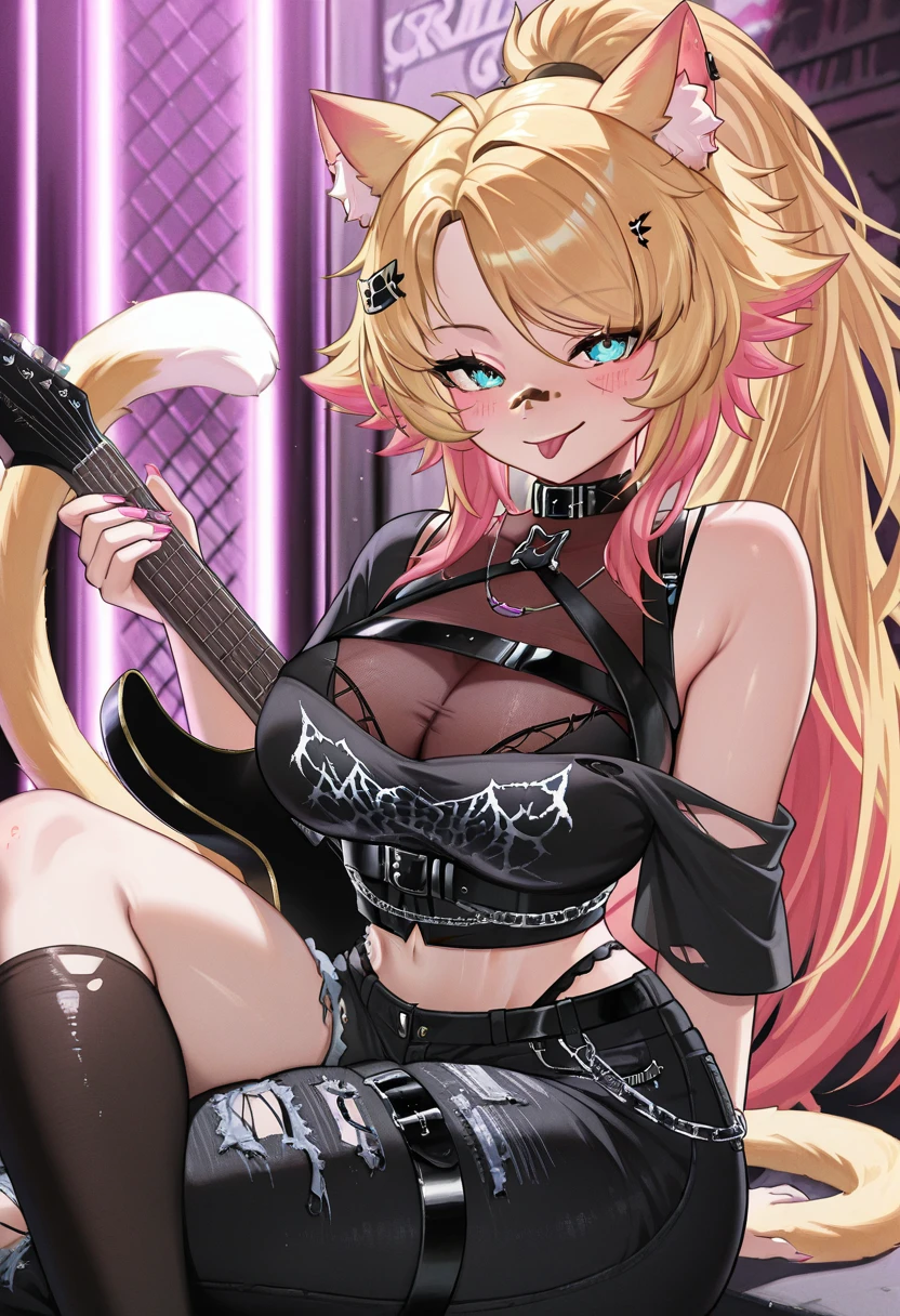 obkati_kat, 1girl, solo, cat girl,
blonde hair, pink hair, multicolored hair, long hair, very long hair, ponytail,
blue eyes,
breasts, large breasts, cleavage, thighs, blush,
animal ears, cat ears, animal ear fluff,
tail, cat tail,
pants, black pants, torn pants, denim, single pantsleg, asymmetrical clothes,
shirt, black shirt, crop top, torn shirt, off shoulder,
thighhighs, black thighhighs, single thighhigh, asymmetrical legwear,
belt, black belt, belt collar, thigh belt,
collar,
see-through,
hair ornament, hairclip, panty straps, jewelry,
chain, heart,
sitting, crossed legs, looking at viewer, smile, tongue out, holding, holding instrument,
instrument, guitar, thigh strap, bandaid on face, bandaid on nose, pink nails,