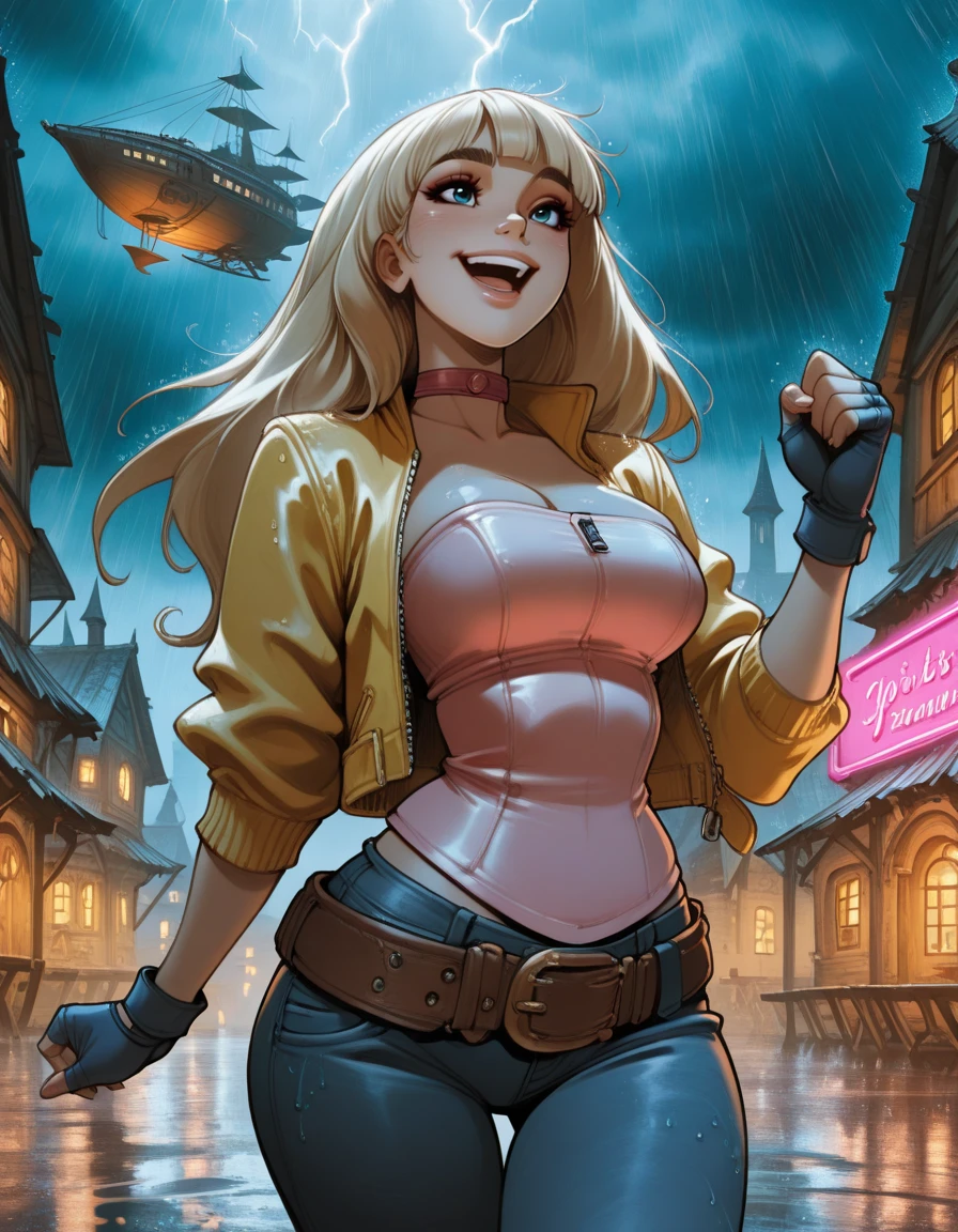 masterpiece, best quality, 1girl, solo, absurdres,
fourmille,
long hair, blonde hair, blue eyes, blunt bangs, thick eyebrows,
Gloves, loose belt, pants, fingerless gloves, choker, jeans,yellow jacket,strapless,pink tube top,
Pretending to play a tennis shot, high up ,
rain, storm, ,
smile, happy, open mouth,
village, airship, city,
large breasts,
lips, eyelashes, eyeliner,
neon lights, glowing, dim_lighting, magic,
blurry background,
embedding:SmoothQuality,