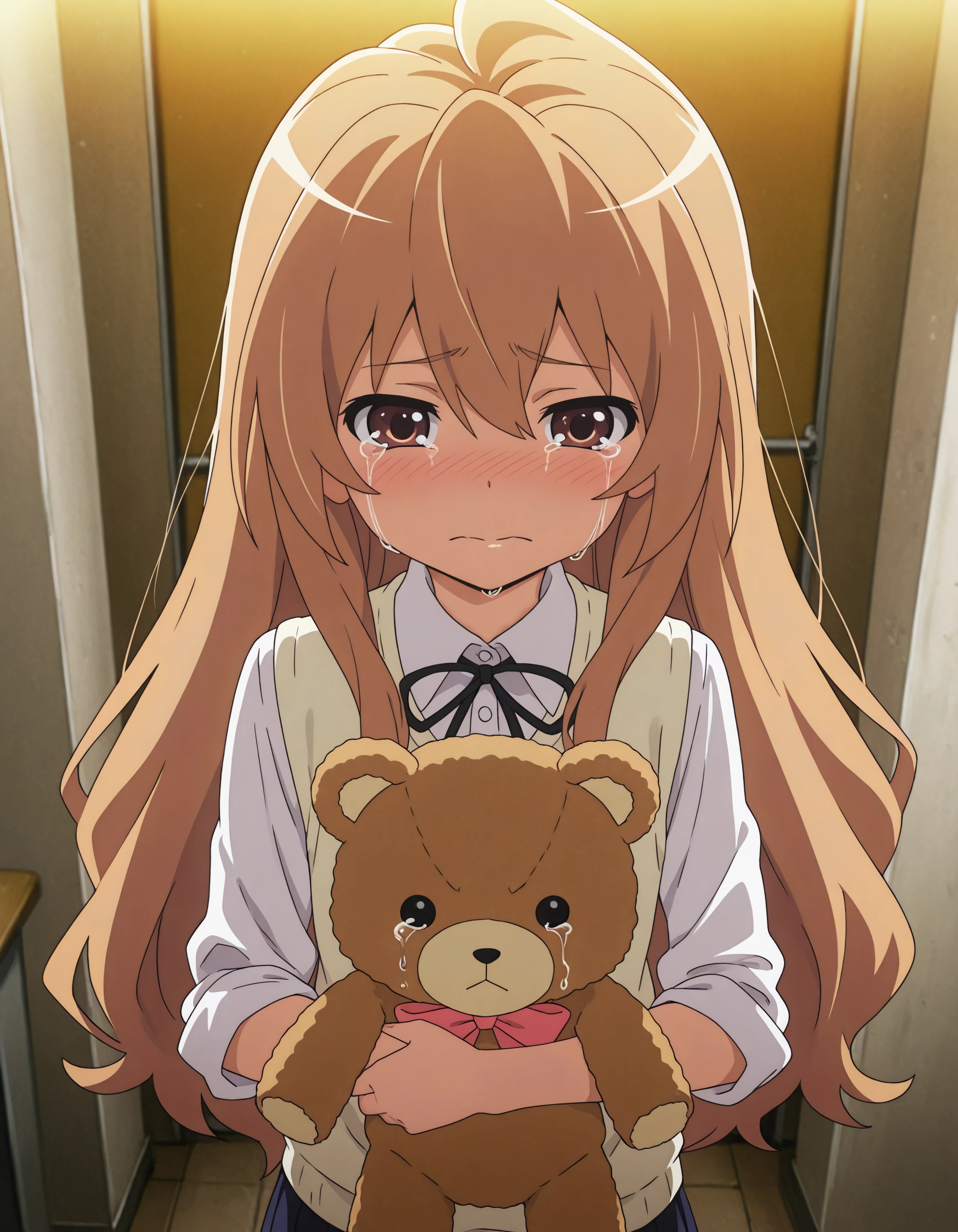 1girl, brown eyes, school uniform, tagai, light brown hair, long hair, looking at viewer, crying, sad, holding a teddy, ultra kawaii, hdr, low contrast,
masterpiece, best quality, absurdres, masterpiece, highres, perfect anatomy, anime style, anime screenshot, 8k wallpaper, ultra high quality, (extremely detailed cg), perfect lighting, (sharp image), dynamic angle
