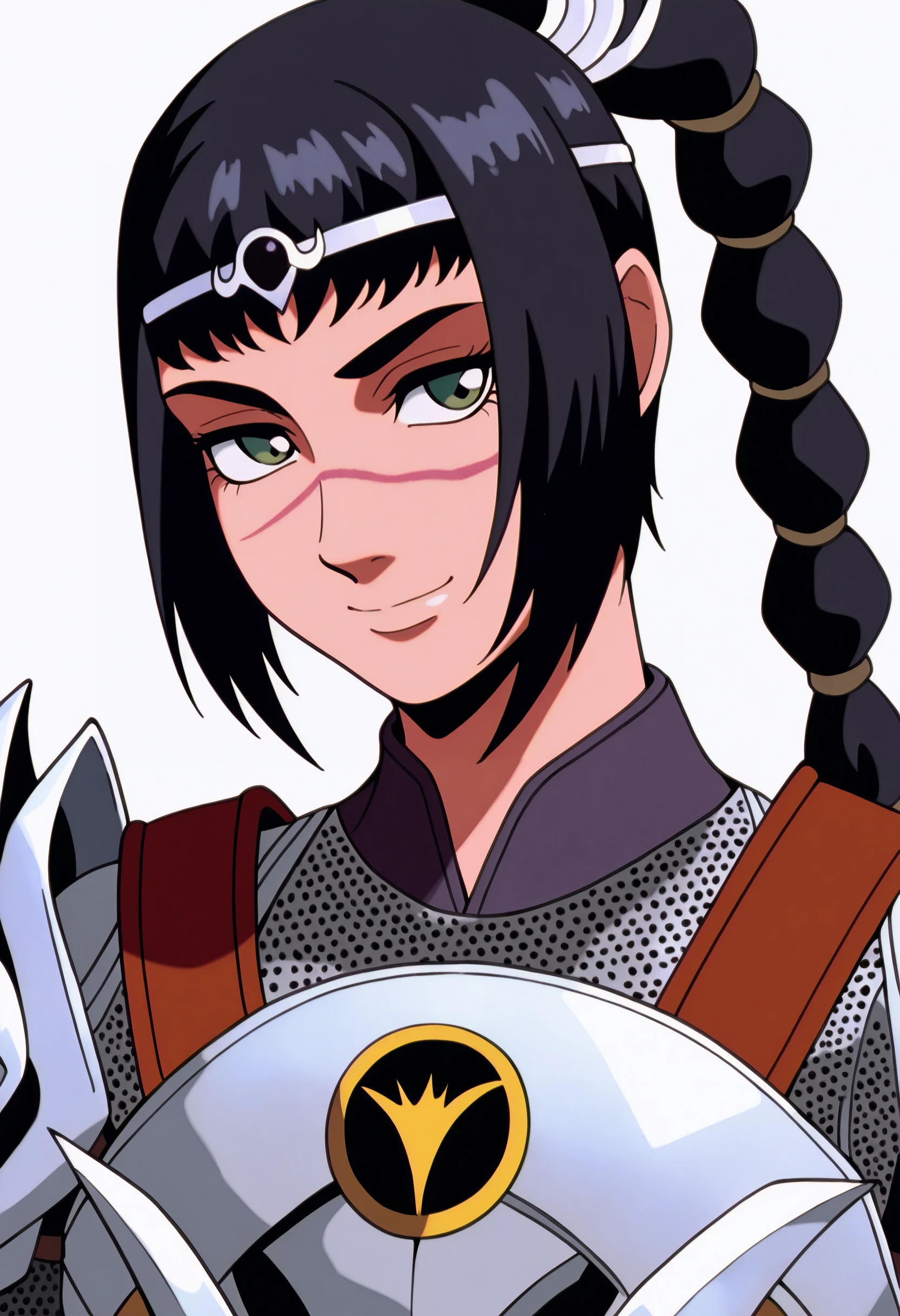 best quality, amazing quality, very aesthetic, absurdres,
BREAK
1girl, solo, shadowheart, black hair, braided ponytail, green eyes, scar on face, circlet, armor,
smile, looking at viewer, upper body, simple background, white background, <lora:ShadowHeartIllustrious_byKonan:0.8>, <lora:GundamWingNoobLocon_byKonan:1>