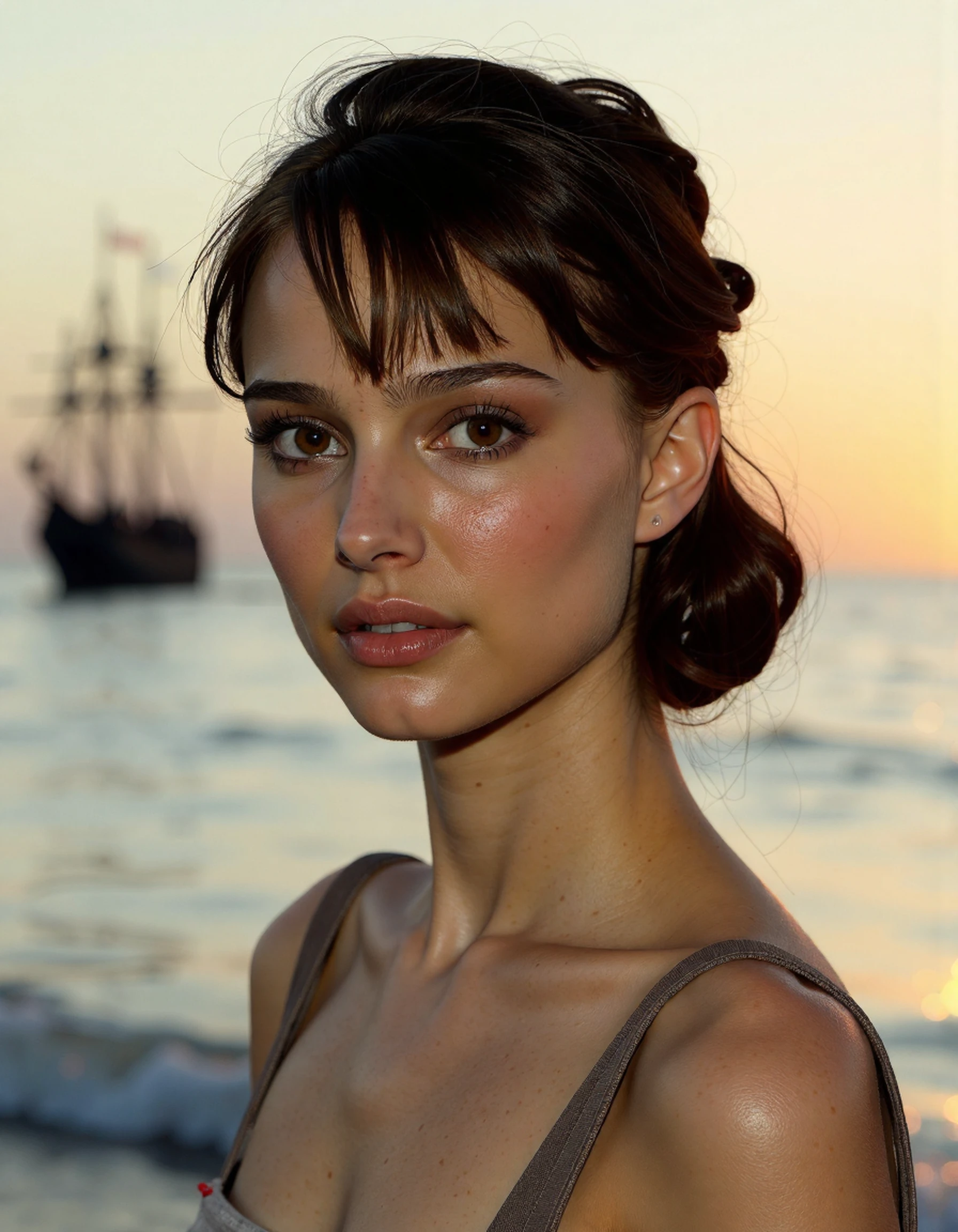 <lora:Natalie_Portman_Ca2004:1> woman Glow Effects, God Rays, Hand Drawn, Render, 3d Render, Octane Render, Cinema 4d, Blender, Dark, Atmosptheiric 4k Ultra Detailed, Cinematic, Sharp Focus, Big Depth Of Field, Masterpiece, Colors, 3d Octane Render, 4k, Concept Art, Trending On Artstation, Hyper Realistic, Vivid Colors, Extremely Detailed Cg Unity 8k Wallpaper, Trending On Cgsociety, Intricate, High Detail, Dramatic <Lora:zz_s_Fluxartis:0.5> A Highly Detailed Cinematic Photography.<Lora:zz_s_Stylish_Lighting:0.5> Professional Photo, Glow Effects, God Rays, Cinematic, Sharp Focus, Big Depth Of Field, Masterpiece, Colors, 4k, Hyper Realistic, Vivid Colors, Extremely Detailed, 8k Wallpaper, Intricate, High Detail, Dramatic <Lora:zz_s_Fluxartis:0.5> A Highly Detailed Cinematic Photography <Lora:zz_s_Stylish_Lighting:0.5> Early 19th-century person, stacked coal black curls in a short bob, they wear a form-fitting 19th century outfit adorned with wildflower patterns. On their left ring finger is a simple piece of common yarn. they stand on the shore, the ocean behind them, looking towards the viewer. In the distance we see early 19th century sailing ships. Golden hour, the sun sets behind them, backlighting, depth of field, bokeh <lora:zz_s_Fluxartis:0.55> A highly detailed cinematic photography.<lora:zz_s_Stylish_Lighting:0.55>, Extreme Close-Up, Zoomed, Focus On Face, Centered, Macro Shot, Face Centered, Focus On Eyes, Looking Directly At The Viewer, Looking Directly At The Camera, Making Eye Contact, Looking Straight Ahead, <lora:zz_s_Chest_Size_Slider:-2> High Collar, Chest Covered