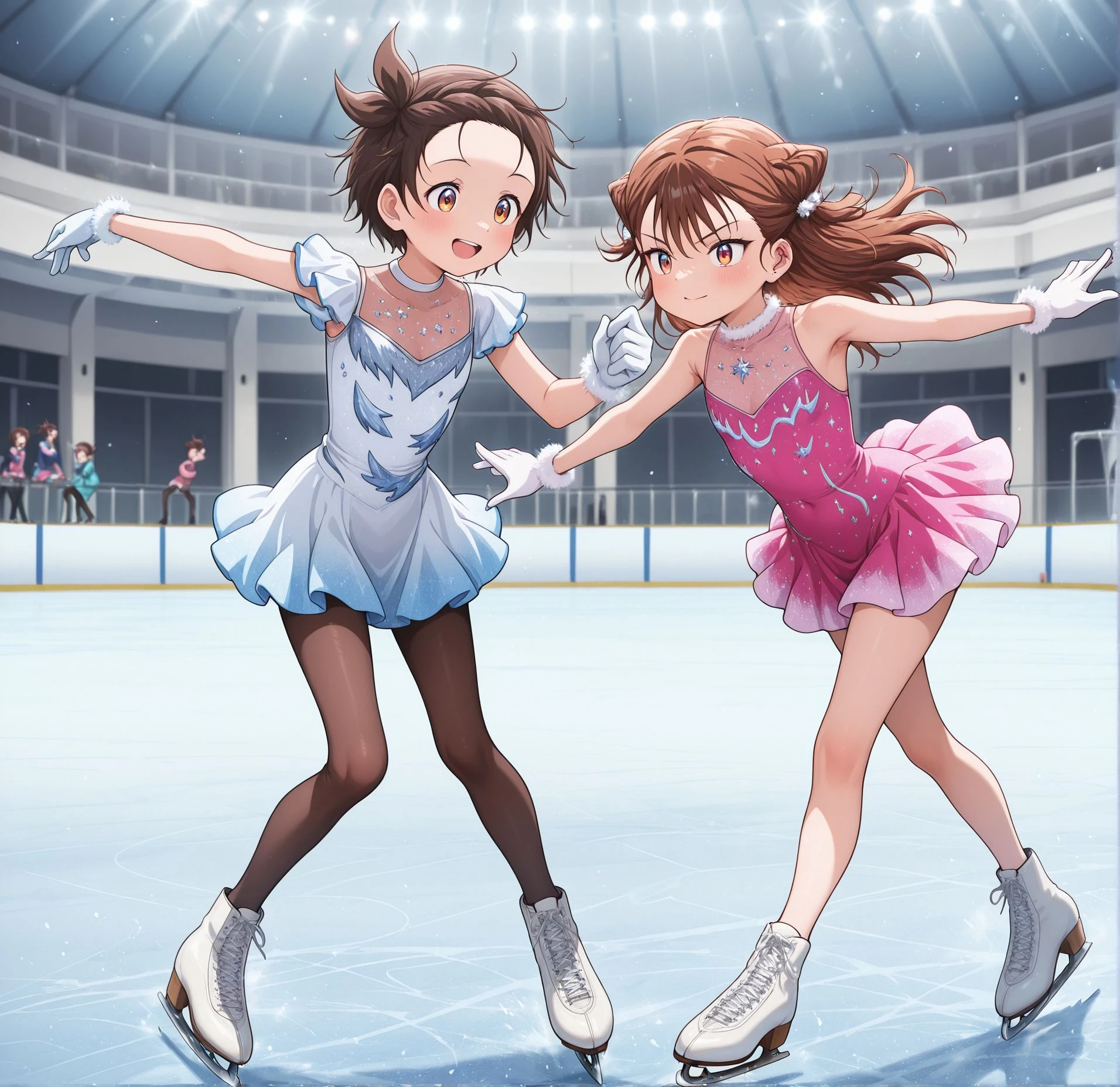 there are two anime girls ice skating with pink clothes, pink swimsuit, beautiful legs, beautiful thighs, huang yuxing and aya takano by Matsumura Goshun, fiona staples and kinu nishimura, yoshitomo nara and aya takano, tsugumi ohba by Naoko Takeuchi, akiko takase, by Fujishima Takeji, work by Rumiko Takahashi, two girls Ranma cha and Akane Tendo, Red-haired Ranma Chan and Akane Tendo with black hair